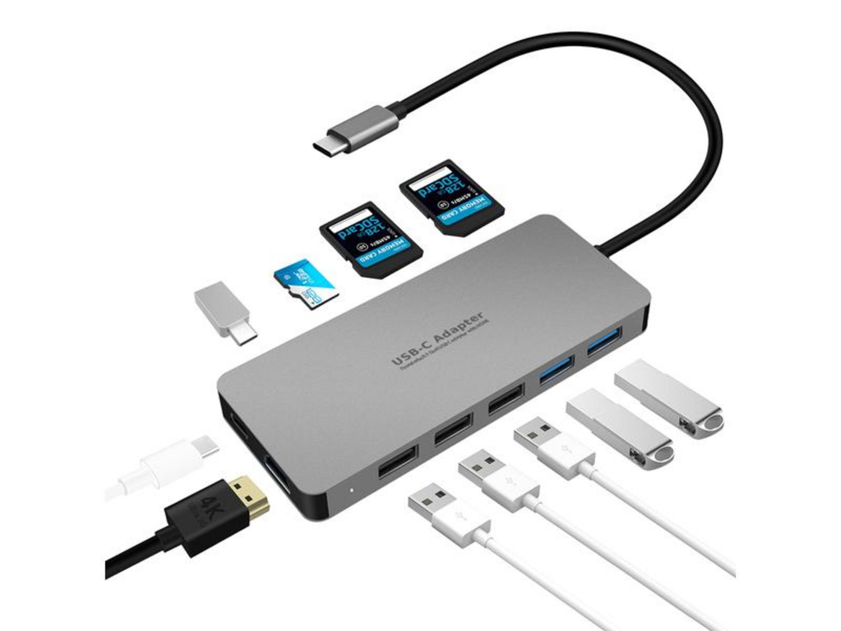 Adattatore USB-C grigio con schede SD, unità USB e cavi.