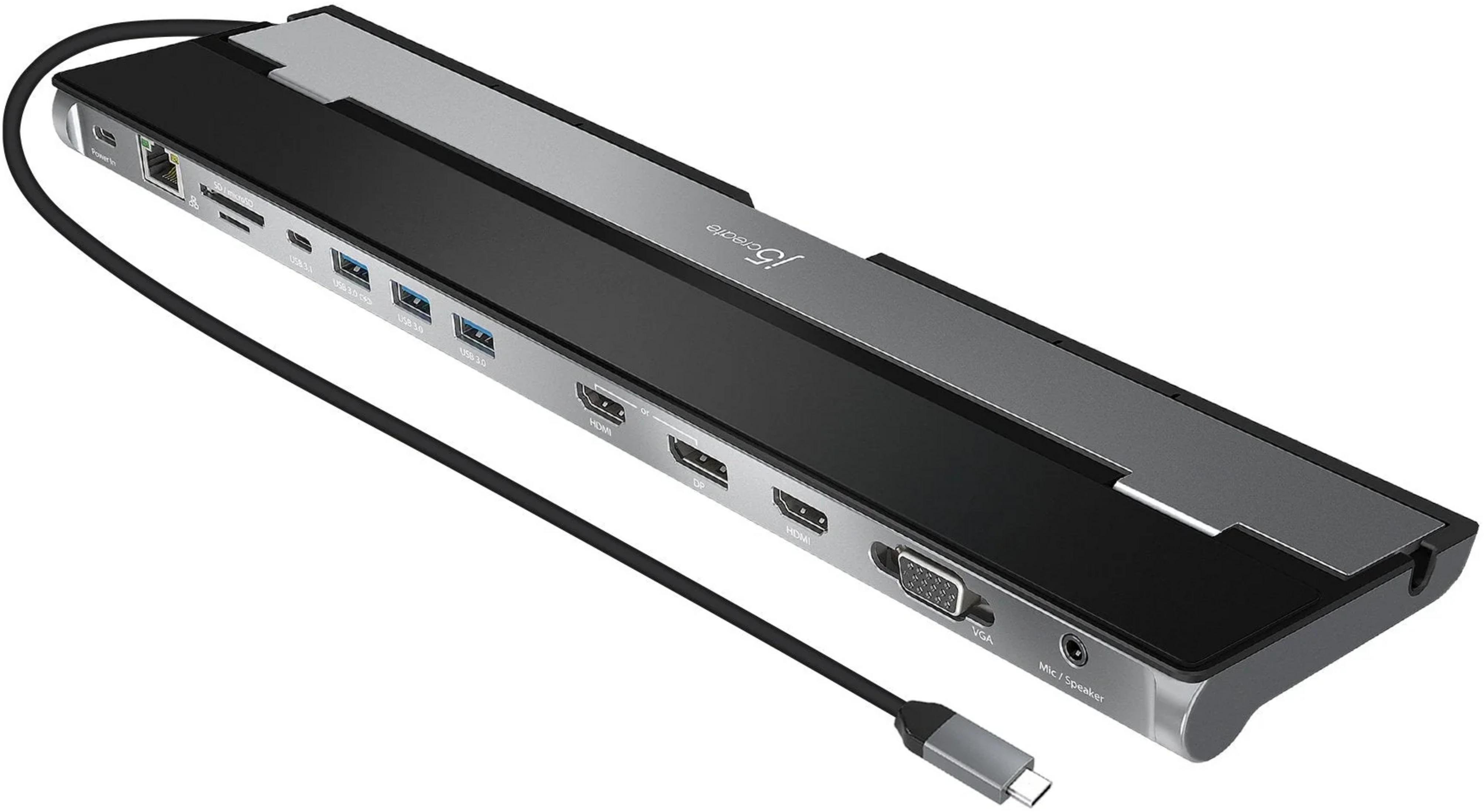 Ein schwarzer und silberner USB-C-Hub mit vielen Anschlüssen wie HDMI, VGA, USB und SD-Kartenleser.