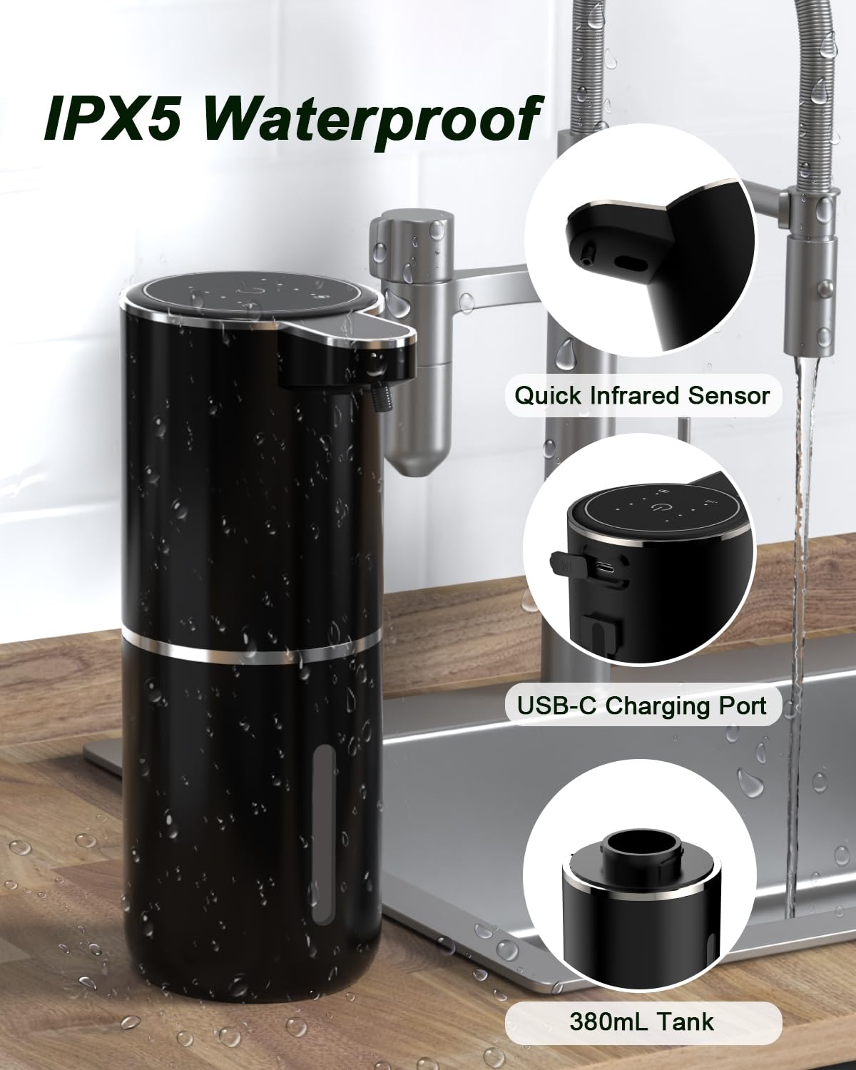Schwarzer automatischer Seifenspender mit IPX5 Wasserdichtigkeit, USB-C-Ladefunktion und 380ml Tank.