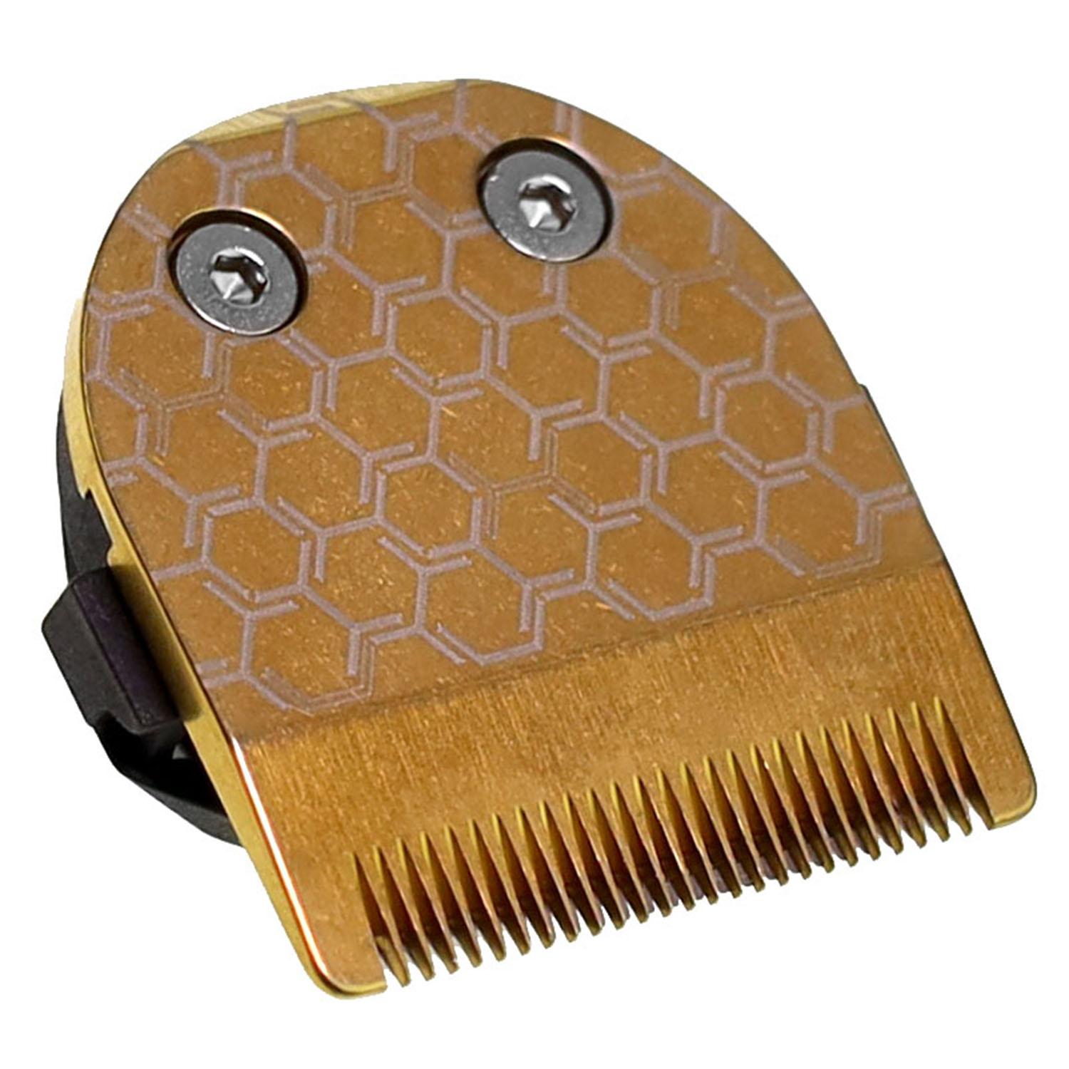 Goldene Haarschneidemaschinenklinge mit Wabenmuster und zwei Schrauben.