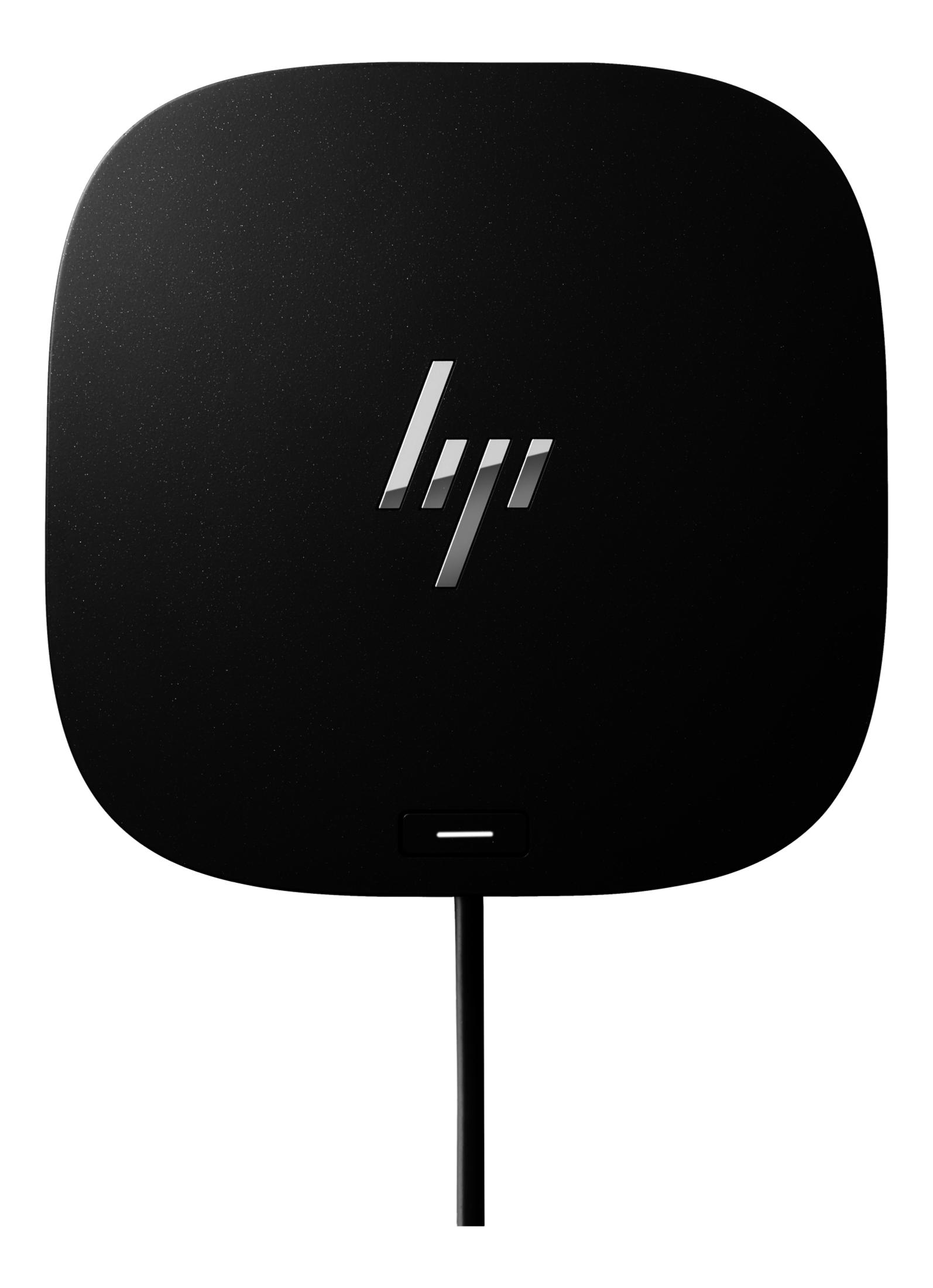 Schwarzes, abgerundetes Rechteck-Gerät mit glänzendem HP-Logo und Kabelanschluss.