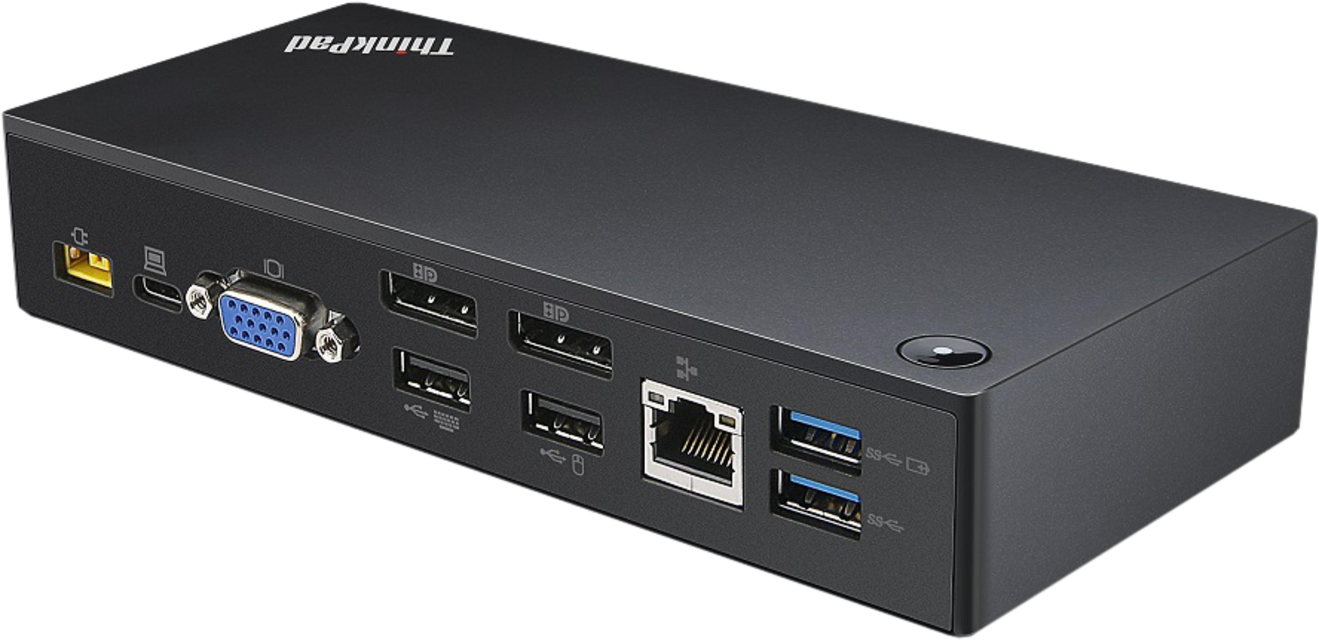 Schwarzer Lenovo ThinkPad Dock mit Anschlüssen: USB, VGA, DisplayPort, Ethernet.
