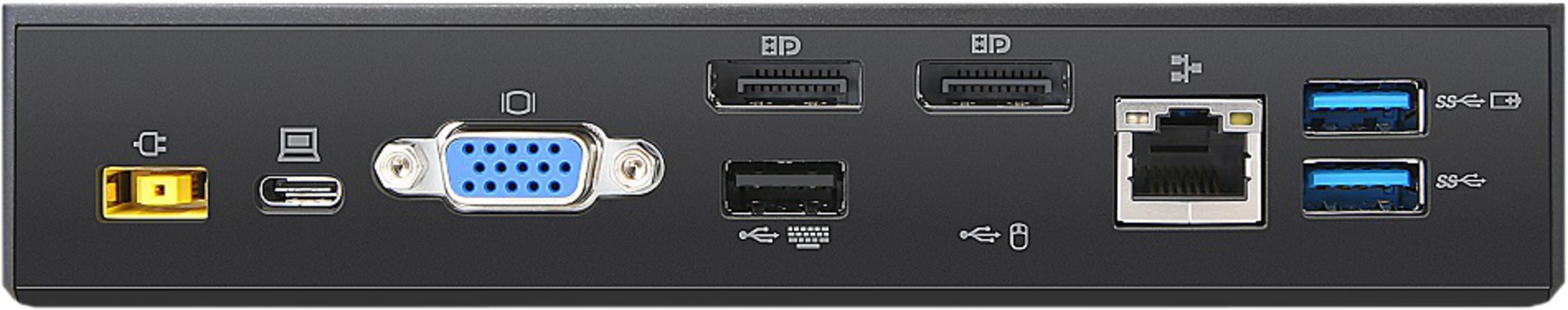 Rückseite eines schwarzen Geräts mit Anschlüssen: Strom, USB-C, VGA, 2x DisplayPort, Ethernet, 2x USB-A.