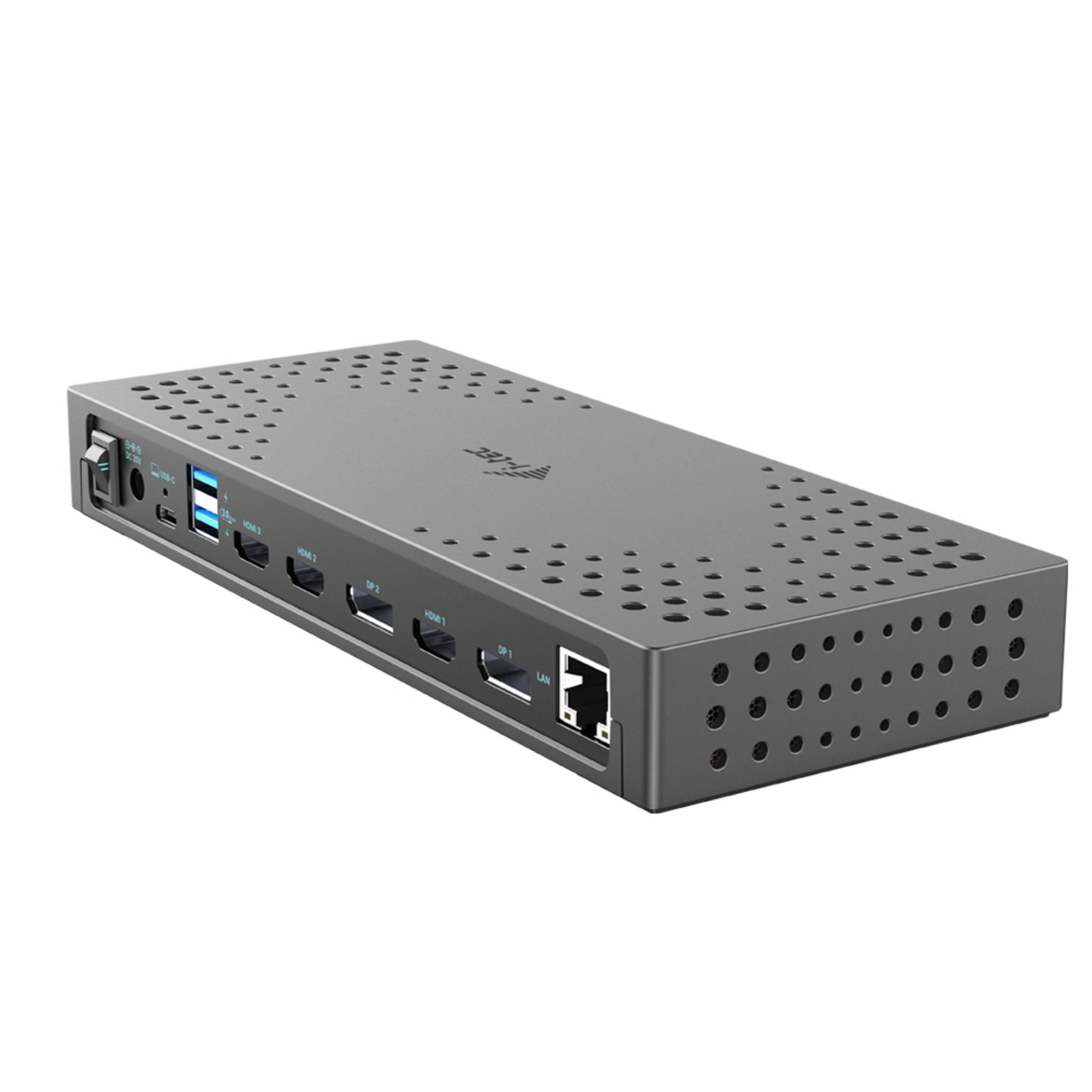 Grauer Docking-Hub mit Anschlüssen: USB-C, HDMI, DisplayPort, LAN.