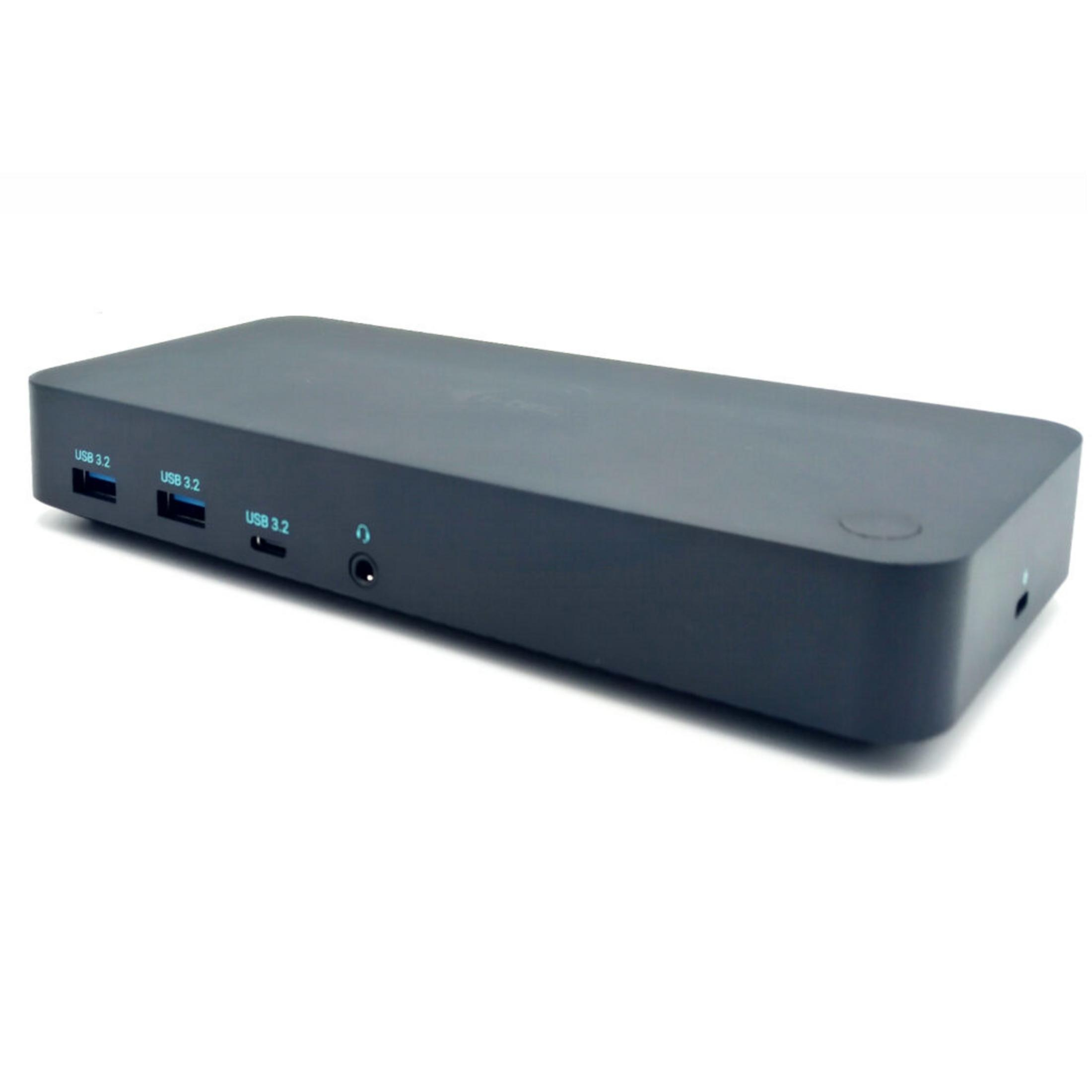 Eine dunkelgraue Dockingstation mit mehreren USB 3.2 Anschlüssen und Audiobuchse.