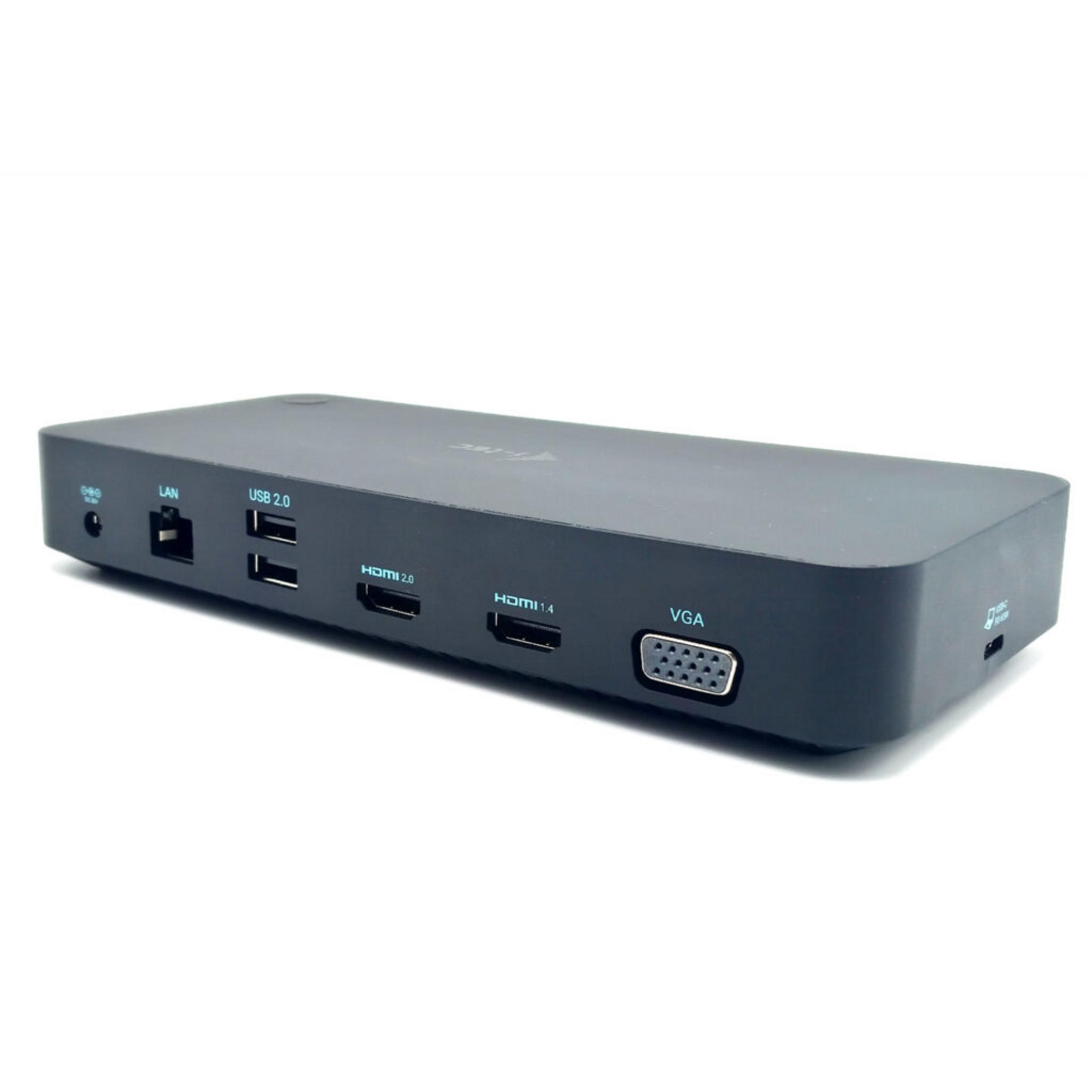 Schwarzes Dockingstation mit Anschlüssen: LAN, USB 2.0, HDMI, VGA.