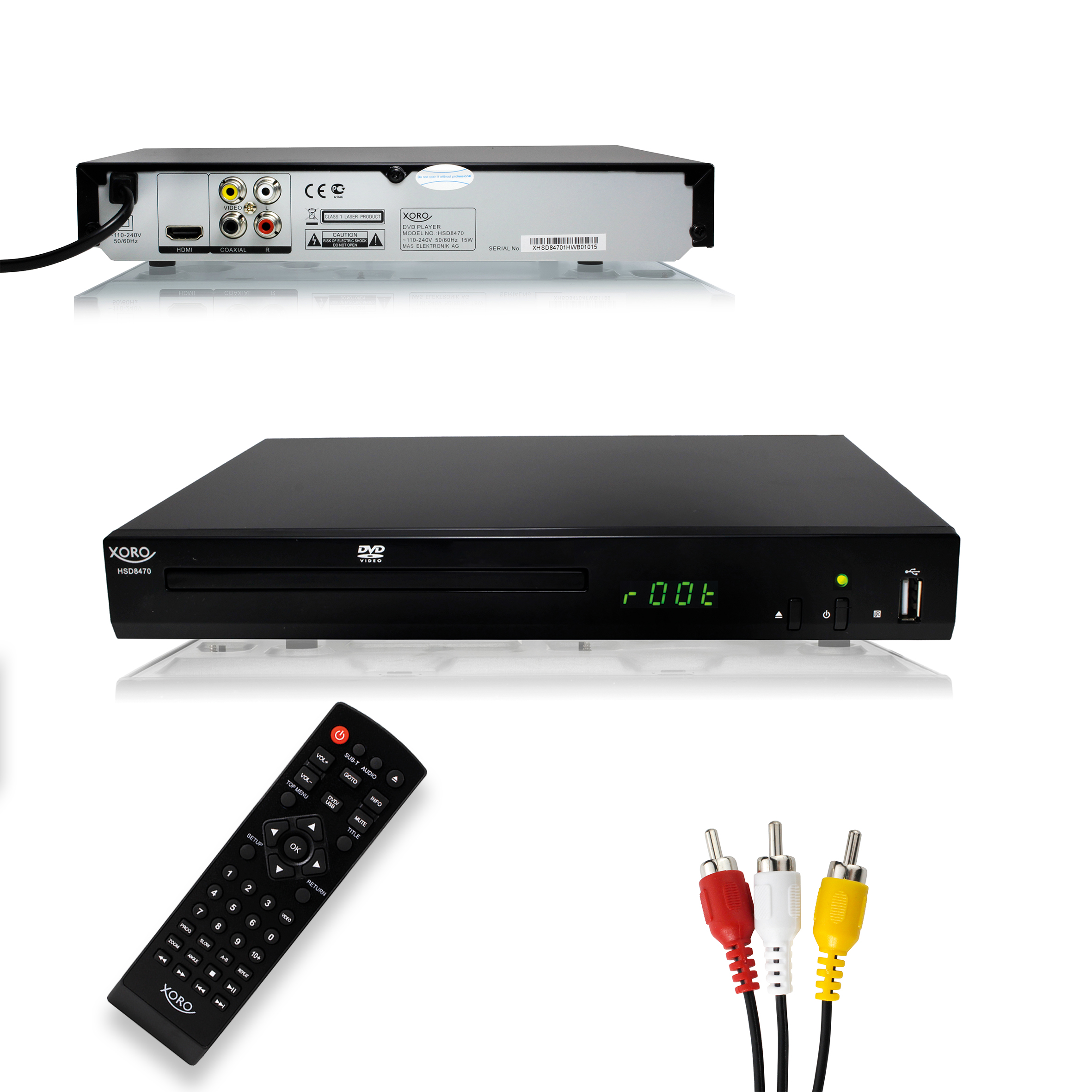 Ein schwarzer DVD-Player mit Fernbedienung und Kabeln auf weißem Hintergrund.