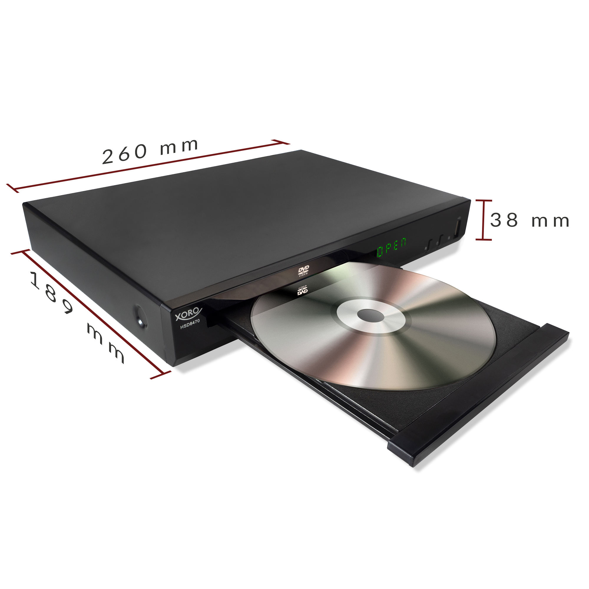 Schwarzer DVD-Player mit ausgefahrener Schublade und eingelegter DVD. Maße sind angegeben.