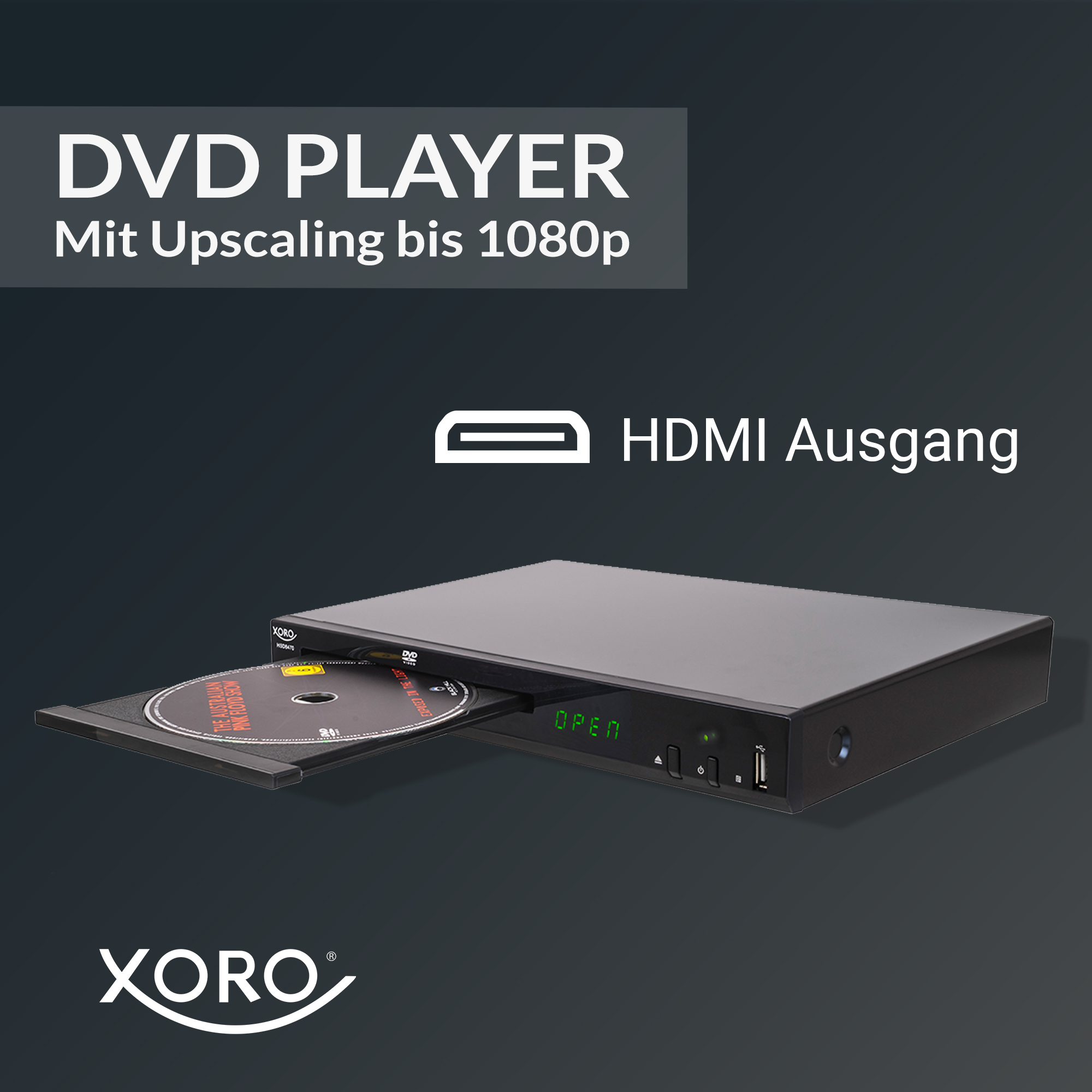 Ein schwarzer DVD-Player mit einer eingelegten Disc und HDMI-Ausgang.