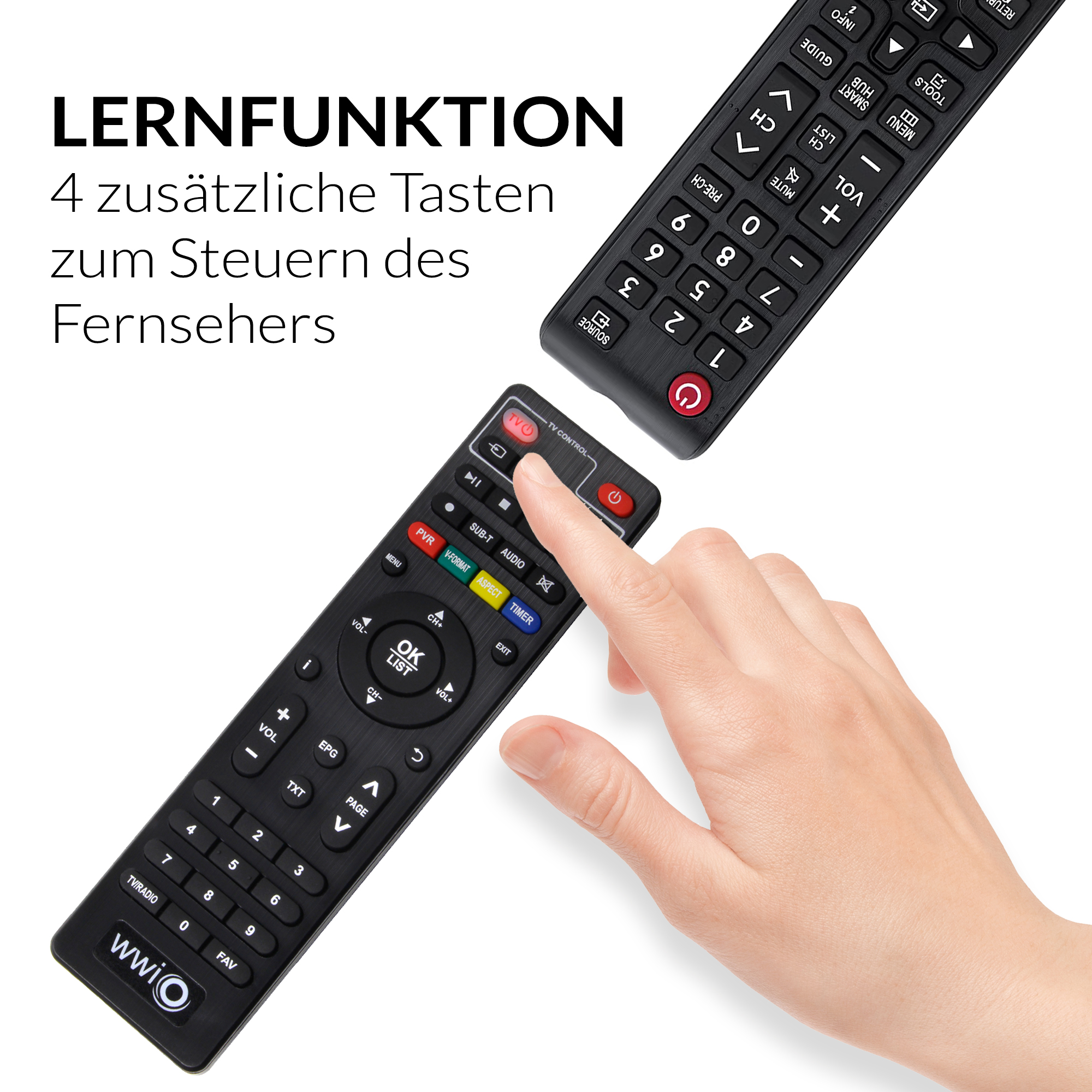 Zwei schwarze Fernbedienungen, eine wird von einer Hand gehalten, mit Text.