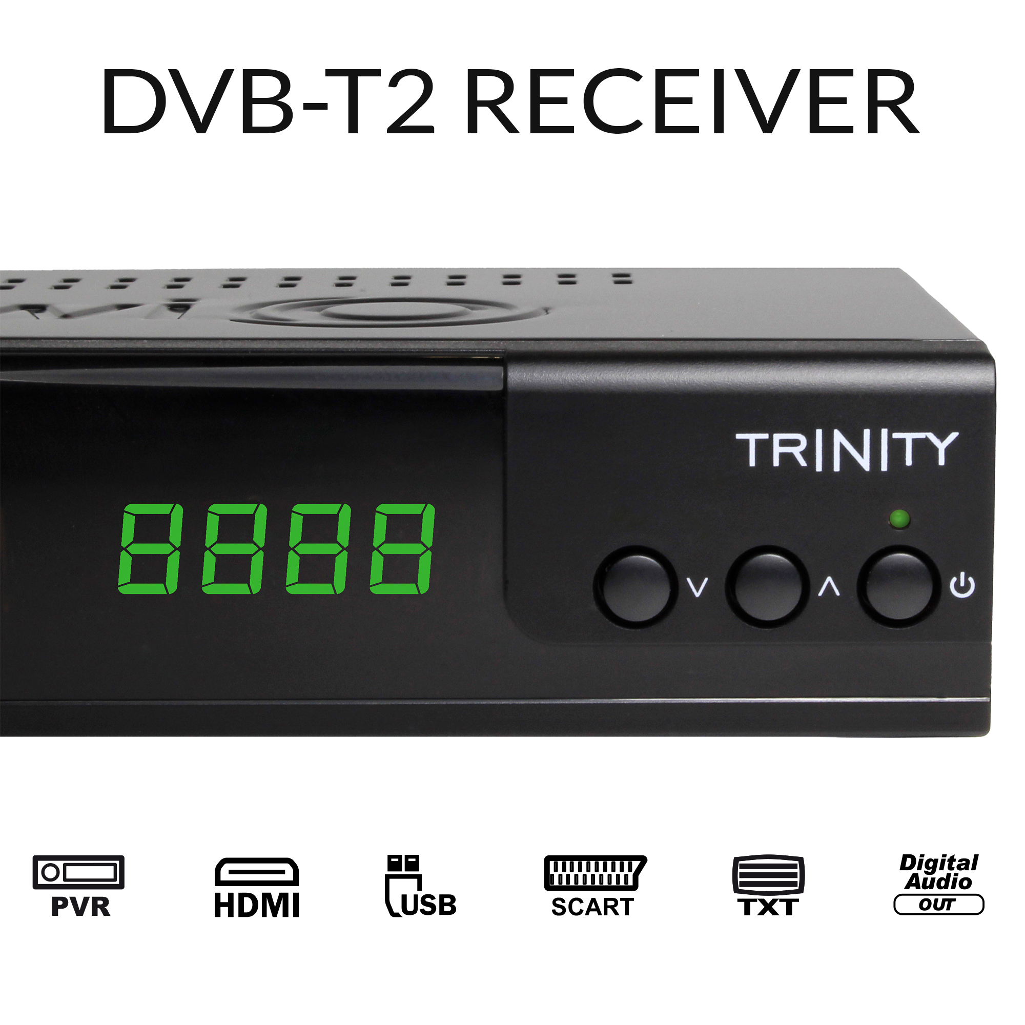 Schwarzer DVB-T2 Receiver mit grüner 8888-Anzeige und Symbolen.