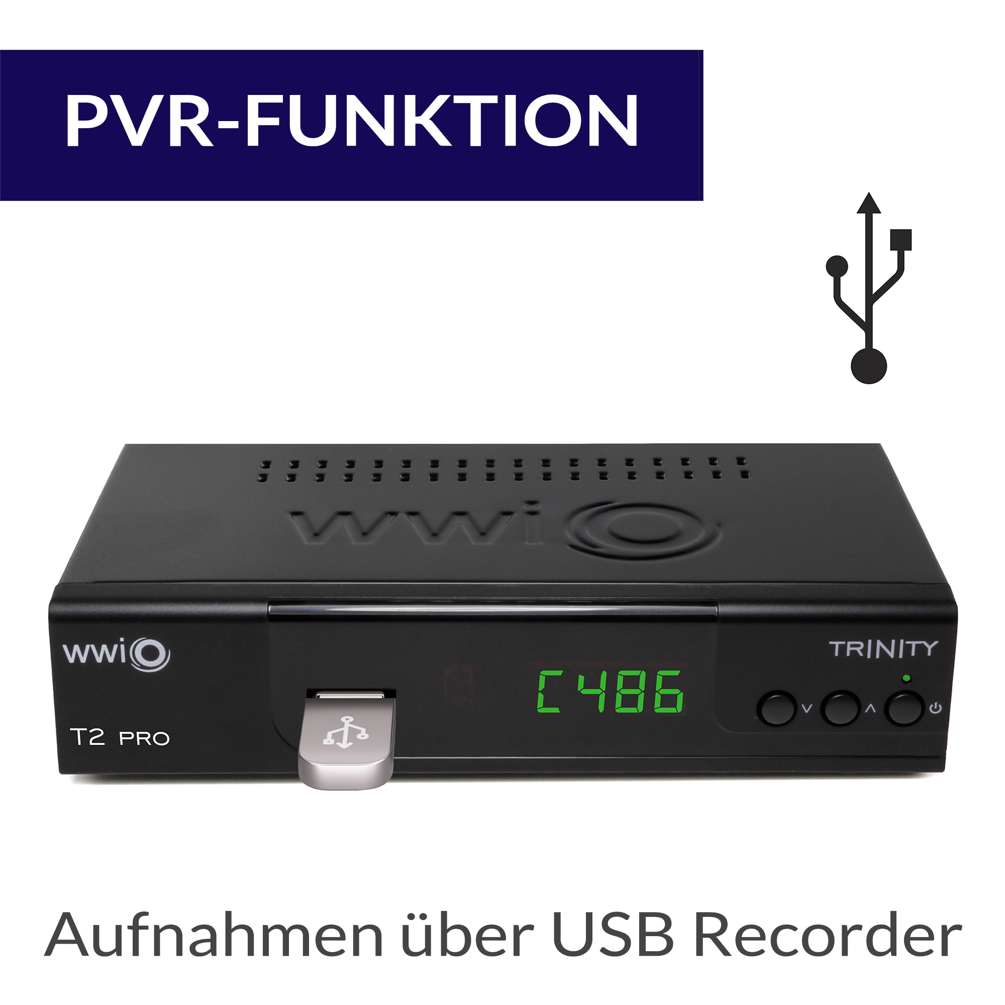 Schwarzer Digitalreceiver mit USB-Anschluss und "PVR-Funktion" Aufschrift.