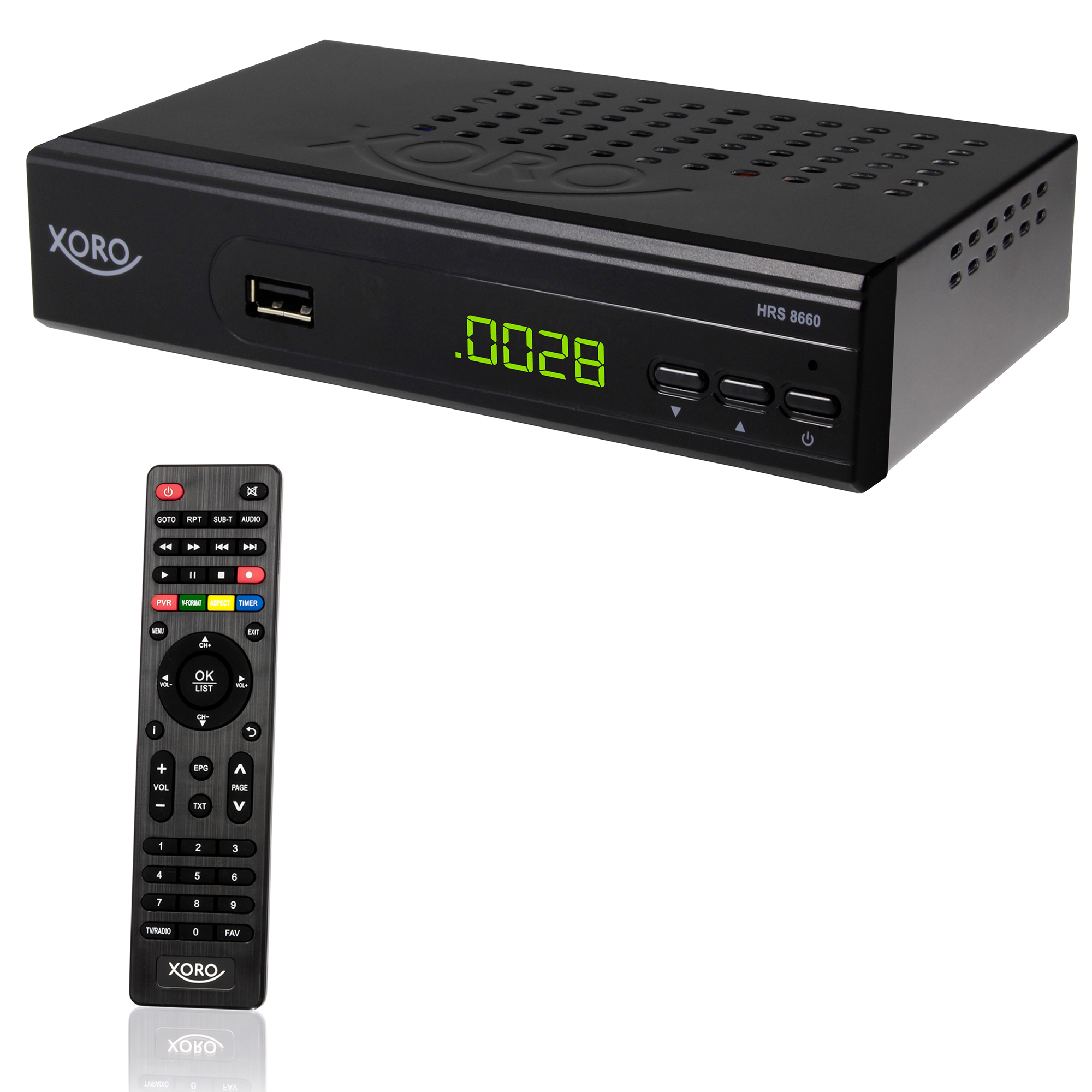 Ein schwarzer Digitalreceiver mit Fernbedienung. Zeigt .0028 an.