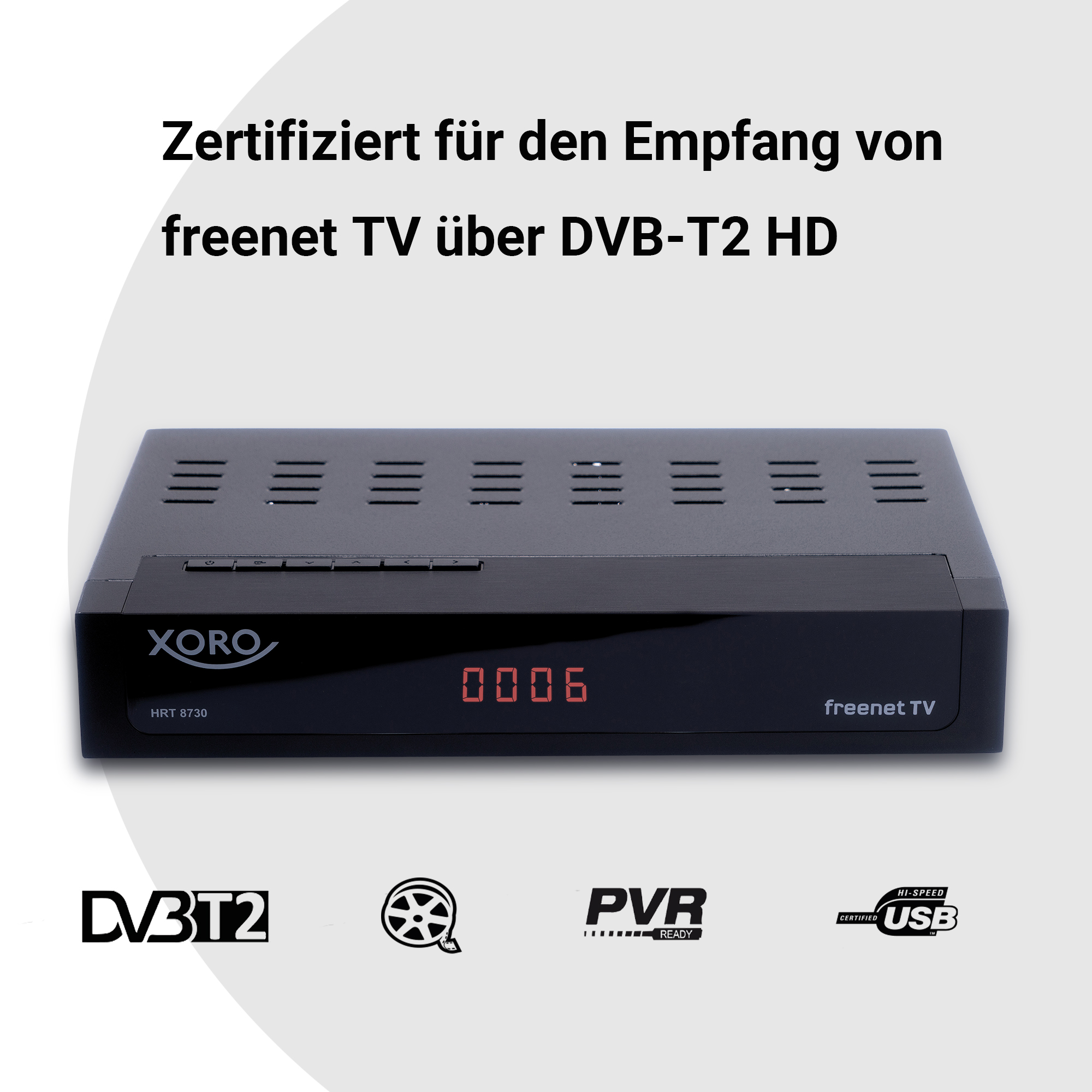 Un ricevitore Xoro DVB-T2 HD nero con display digitale rosso e loghi.