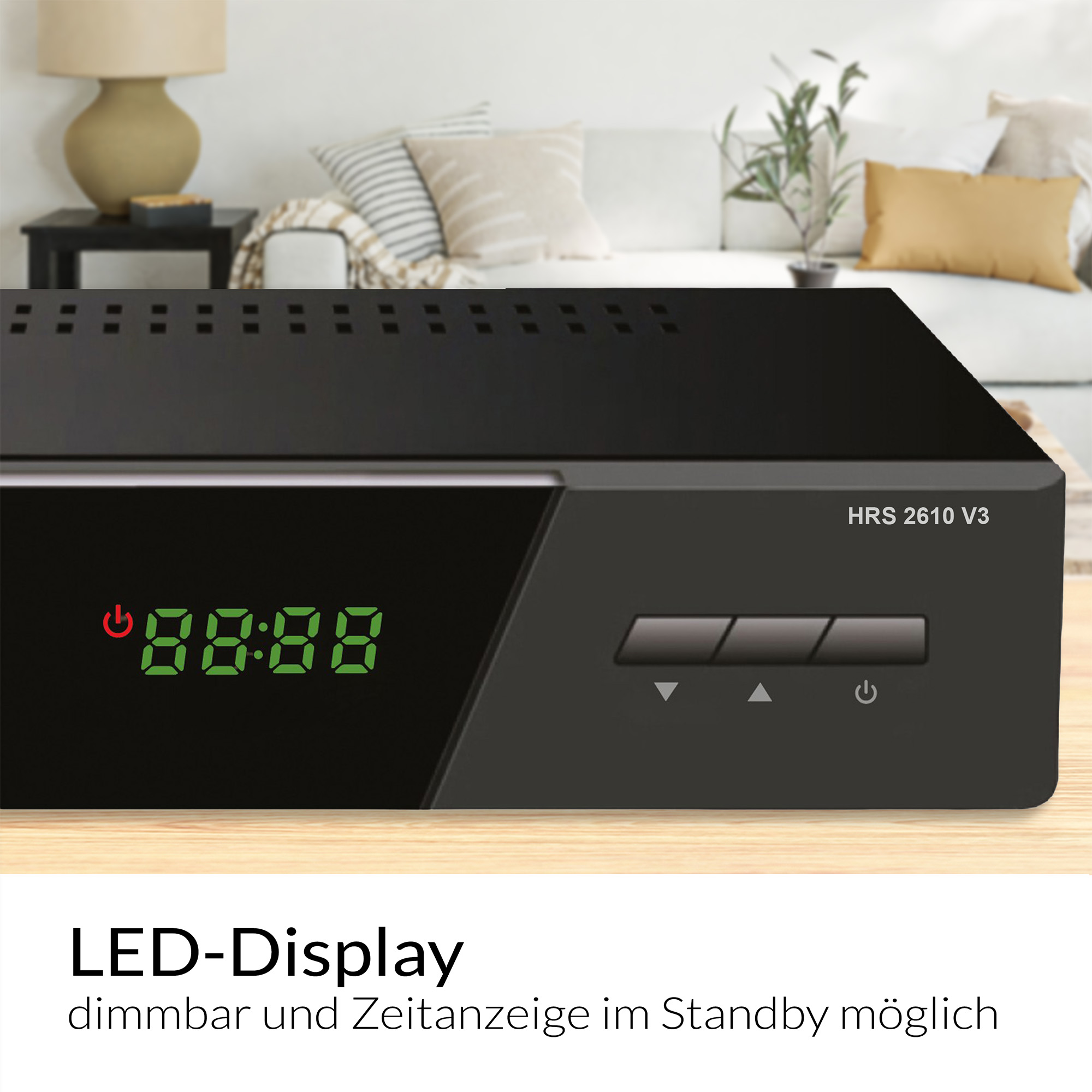 Schwarzer Receiver mit grüner LED-Anzeige, die 88:88 zeigt.