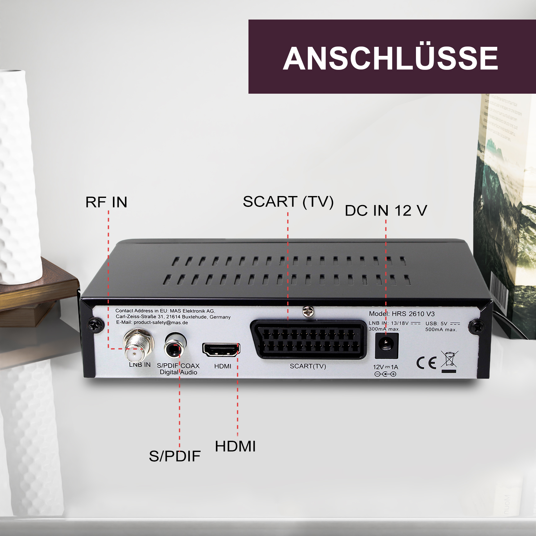 Rückseite eines schwarzen Digital-Receivers mit Anschlüssen: RF IN, SCART, DC IN, LNB IN, S/PDIF, HDMI.
