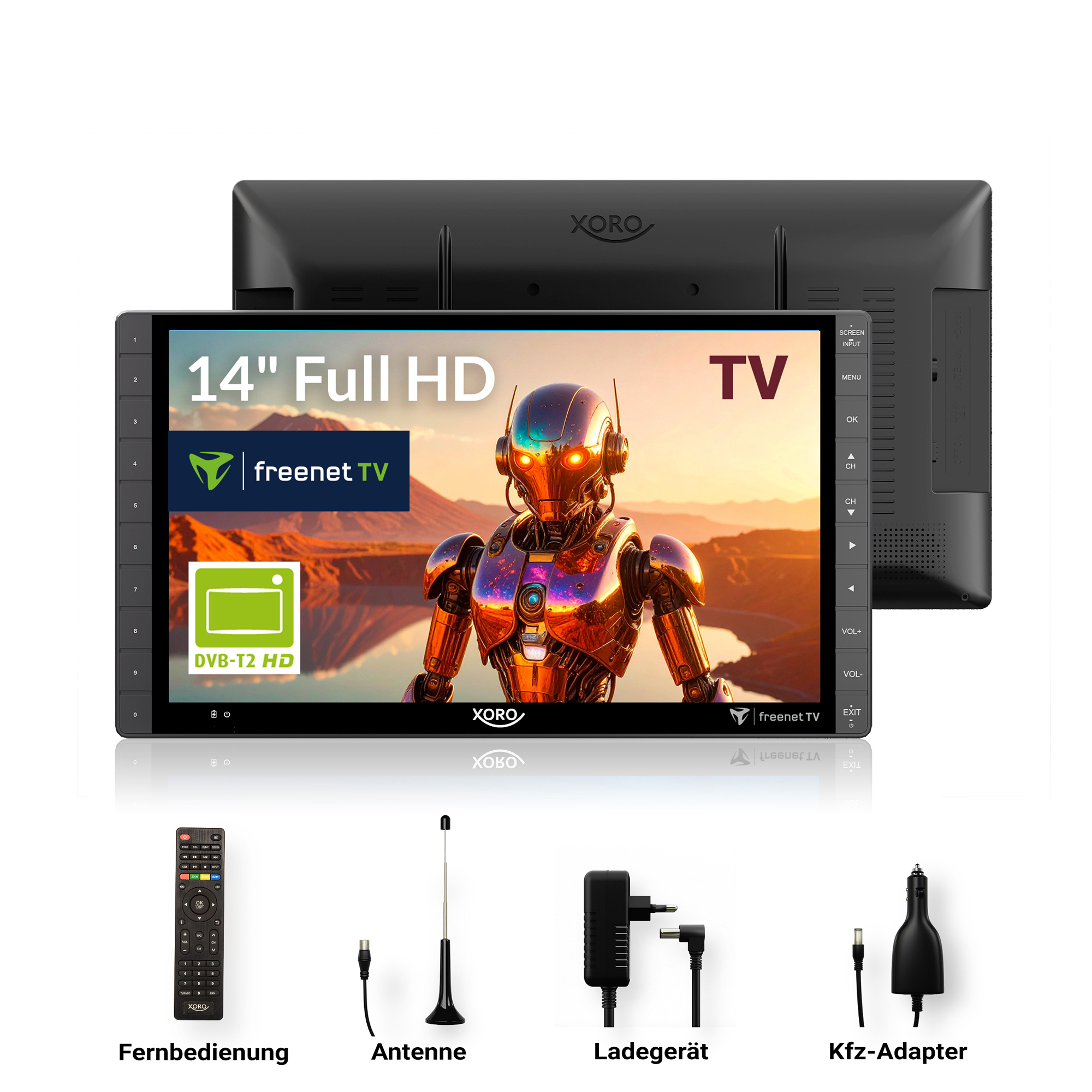 Ein 14-Zoll-Full-HD-TV mit Roboter-Motiv, Fernbedienung, Antenne und Ladegerät.