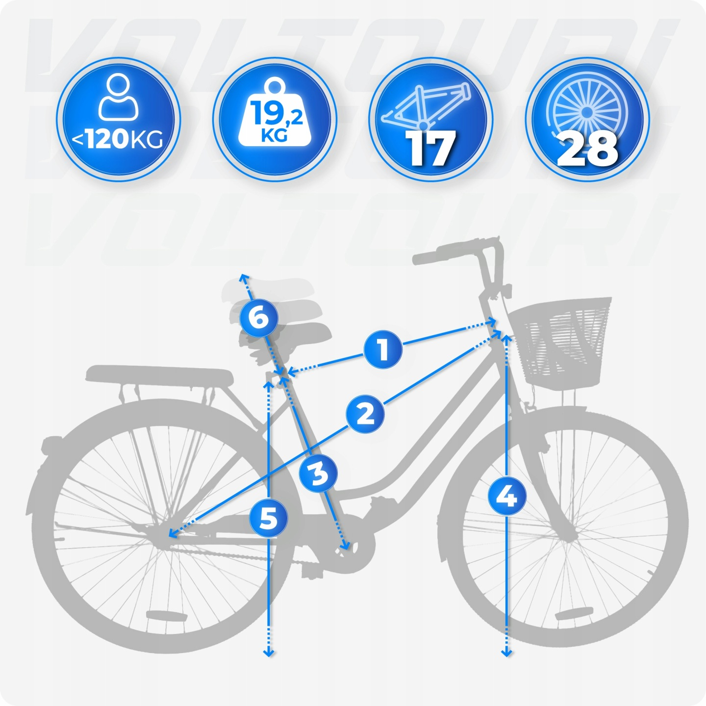 Diagram roweru z numerami wskazującymi części i specyfikacje.