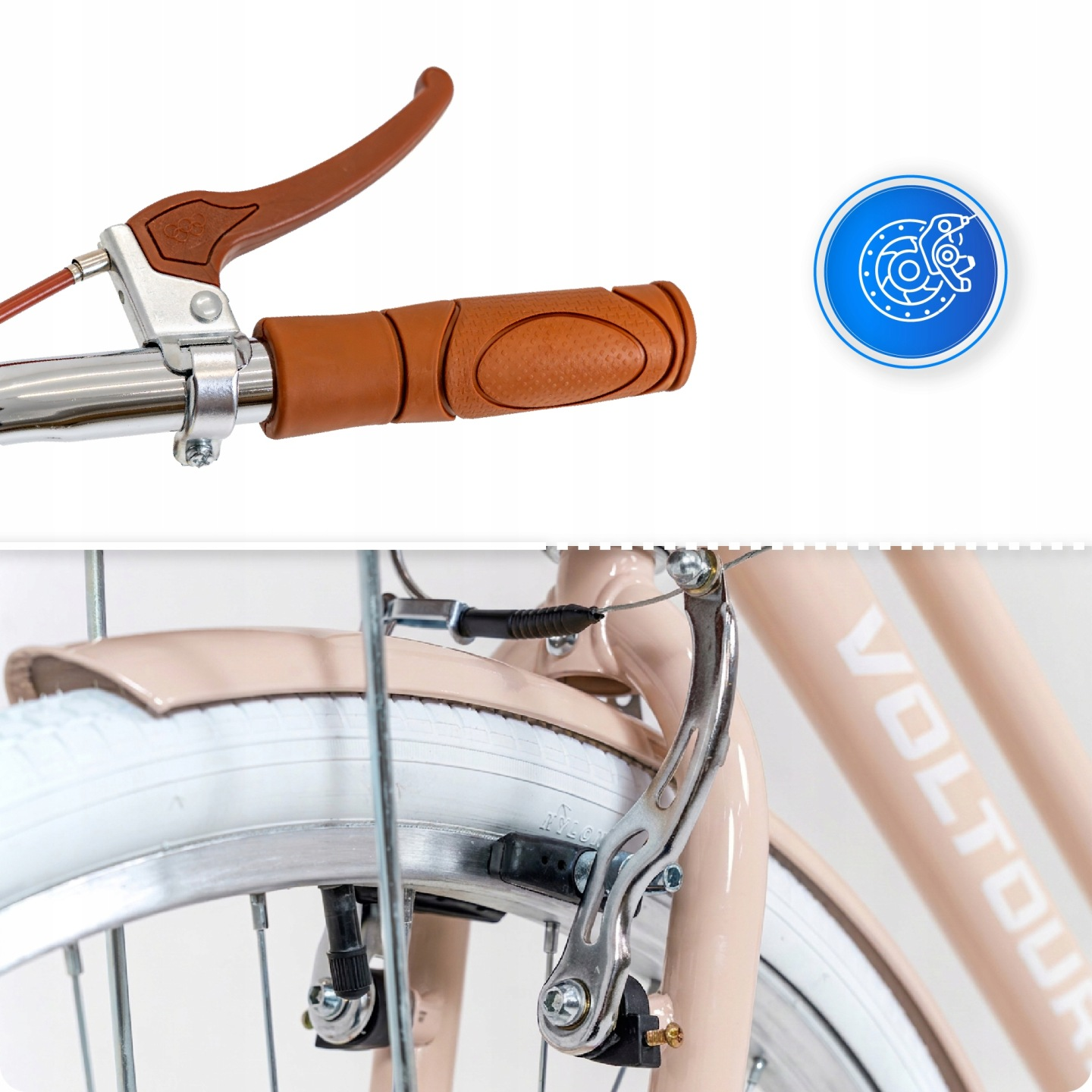 Zbliżenie kierownicy i mechanizmu hamulca przedniego roweru.