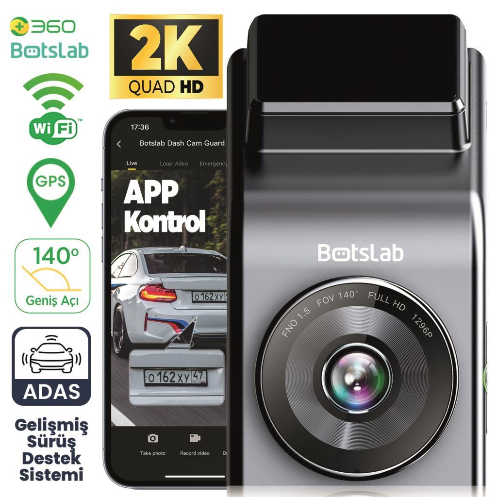 Botslab 2K Quad HD araç kamerası, uygulama kontrolü, GPS, Wi-Fi ve 140° geniş açı.