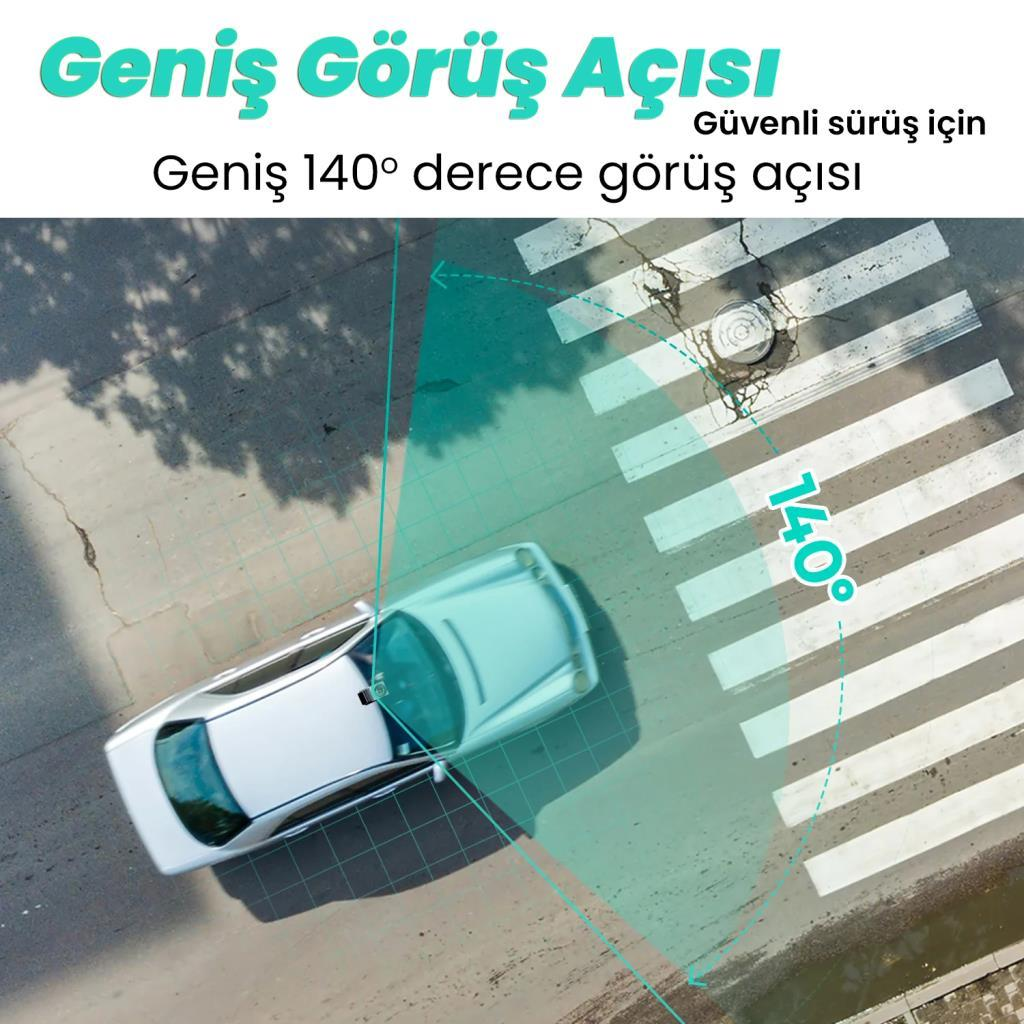 Beyaz bir otomobil, 140° görüş alanı gösterilerek yaya geçidine yaklaşıyor.
