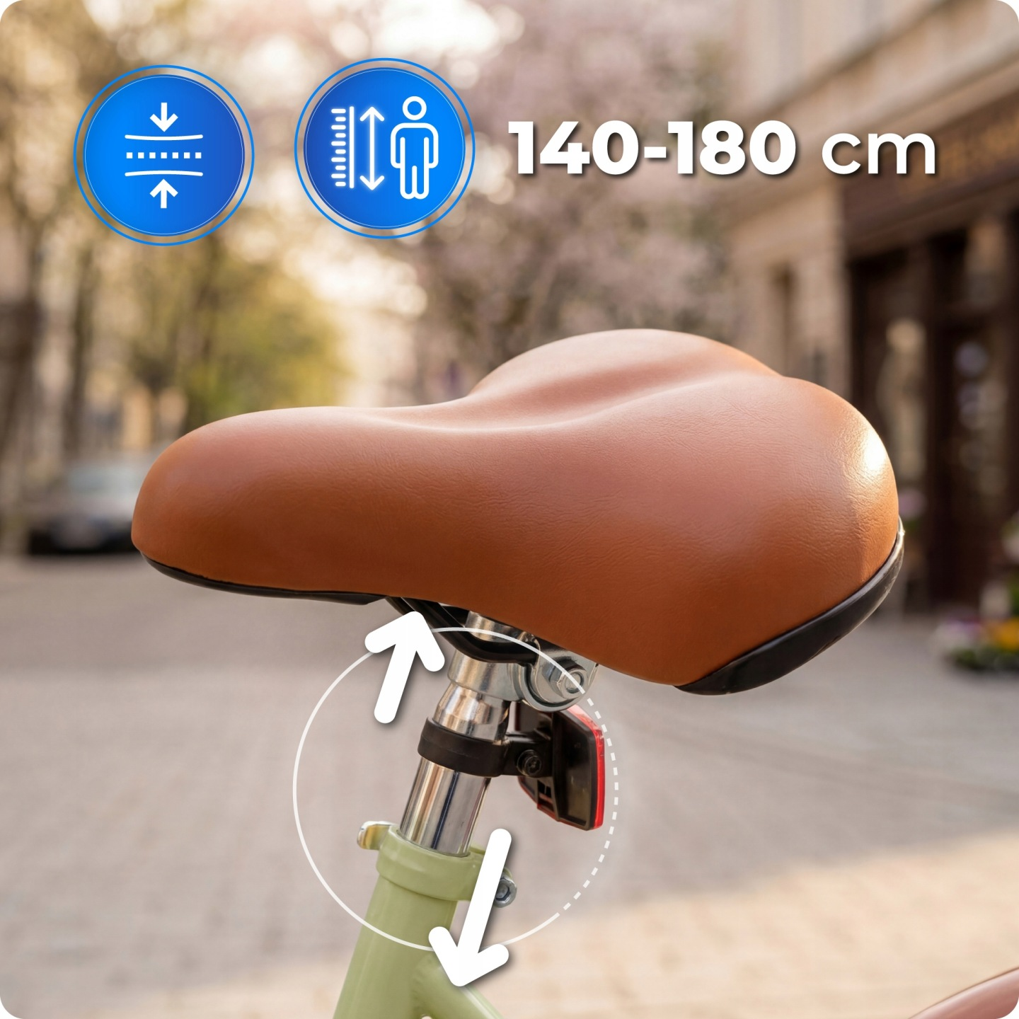 Siodło rowerowe z ikonami regulacji wysokości i amortyzacji, rozmiar 140-180 cm.