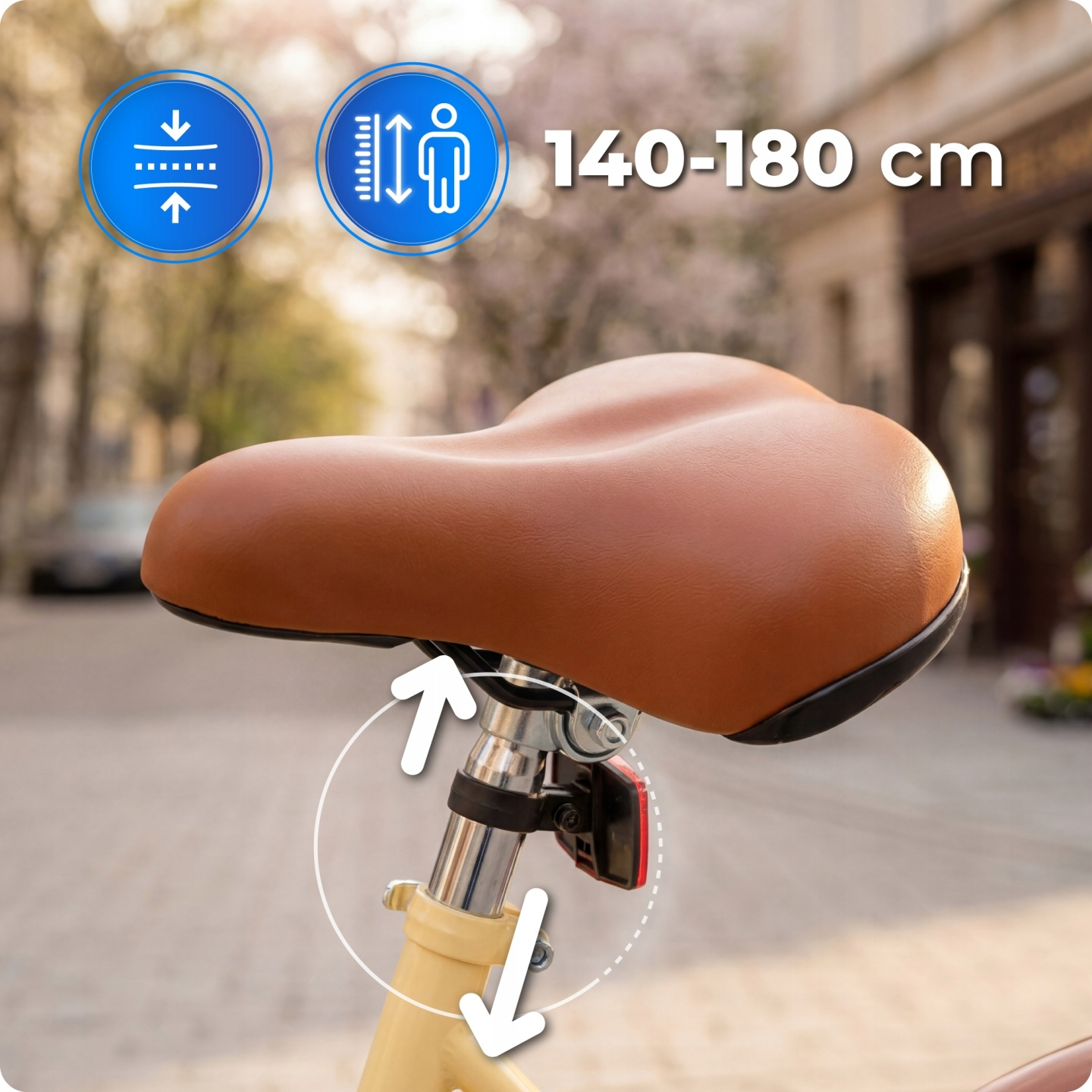 Brązowe siodełko rowerowe z ikonami regulacji wysokości i napisem 140-180 cm.