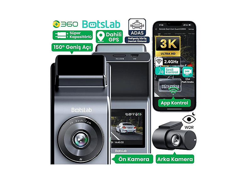 360+ BOTSLAB G300H Pro Dual ADAS 3K Ön Arka Wi-Fi GPS 150° Açı Gece Görüşlü DashCam Araç İçi Kamera