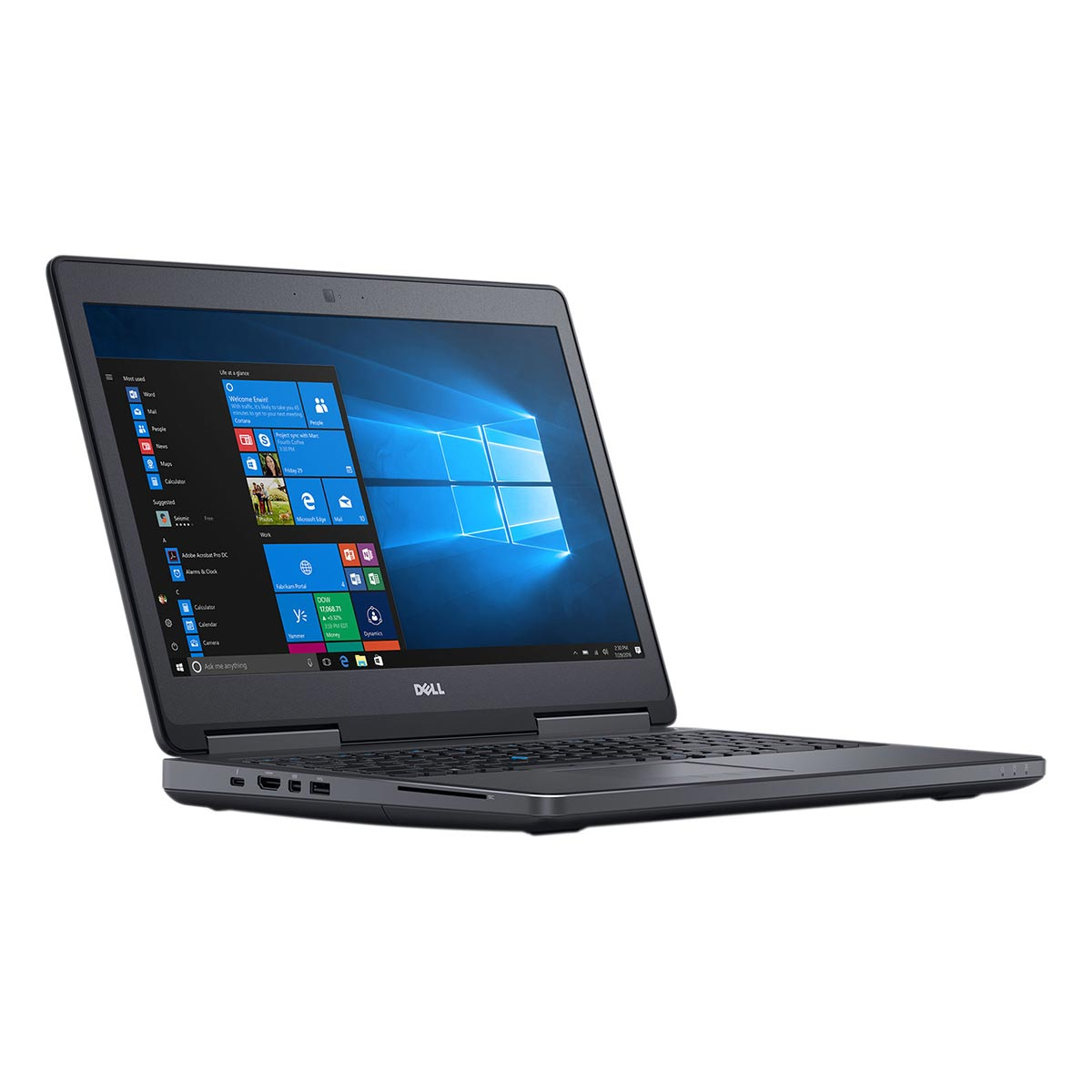 Czarny laptop Dell jest otwarty, wyświetla system operacyjny Windows 10 na ekranie.