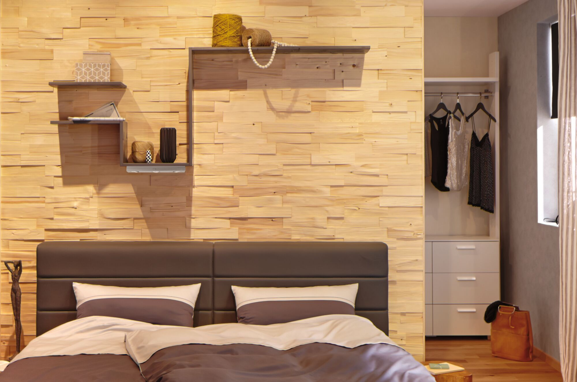 Holzverkleidete Wand mit Bett, Schrank, Kleidung und Dekoration.