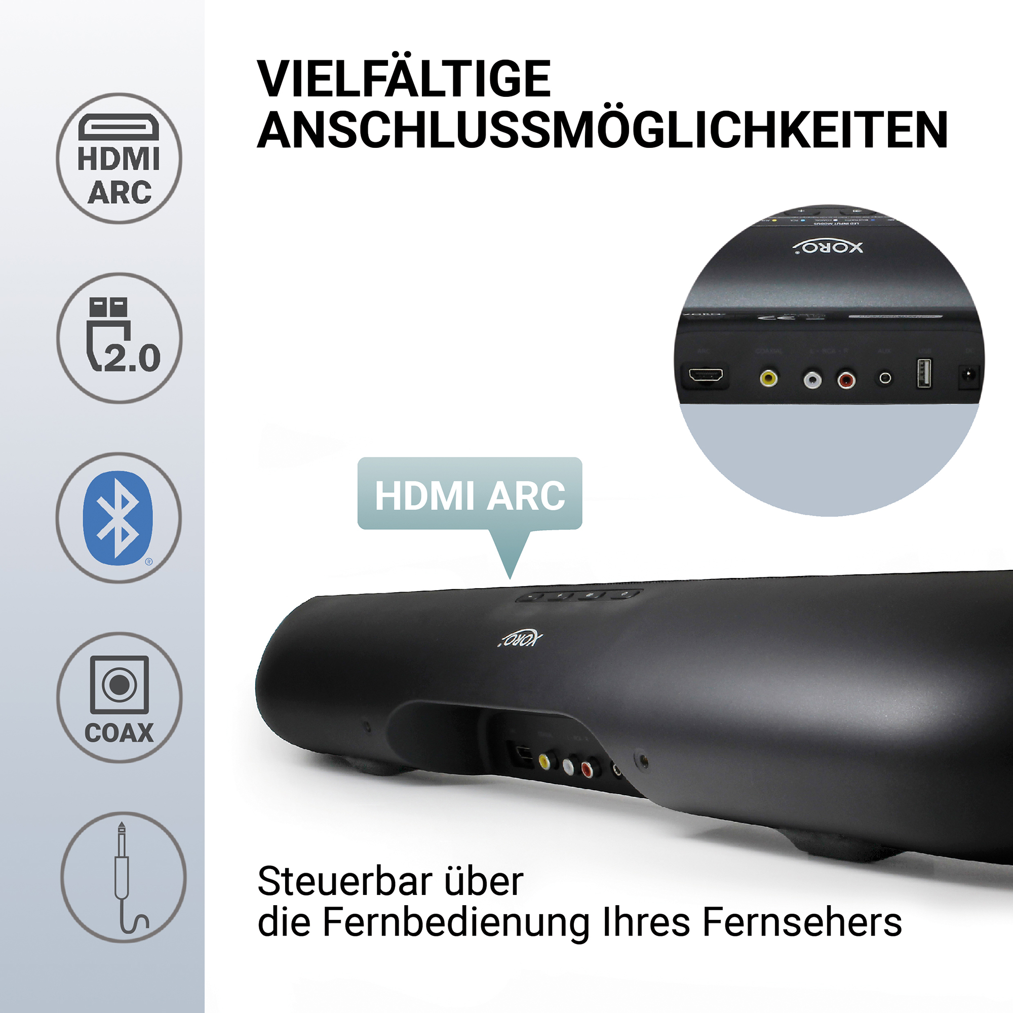 Soundbar mit HDMI ARC, USB, Bluetooth, COAX, Aux-Anschlüssen und Fernbedienung.