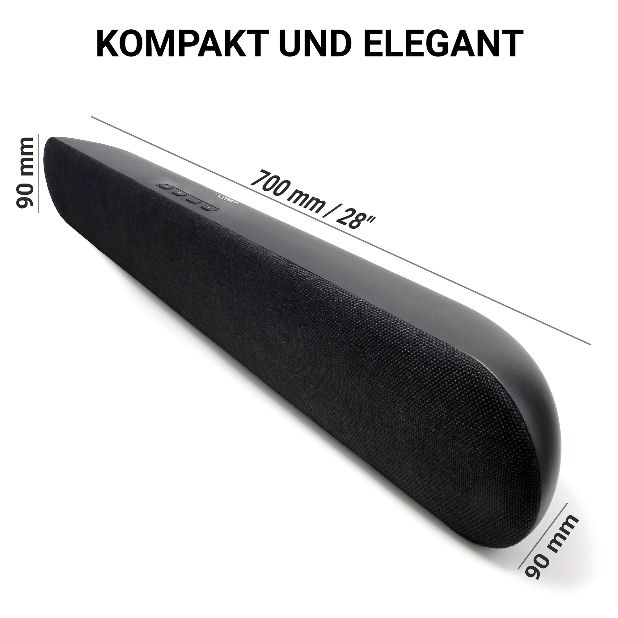 Schwarzer schlanker Lautsprecher, 700 mm lang, 90 mm hoch und 90 mm tief.