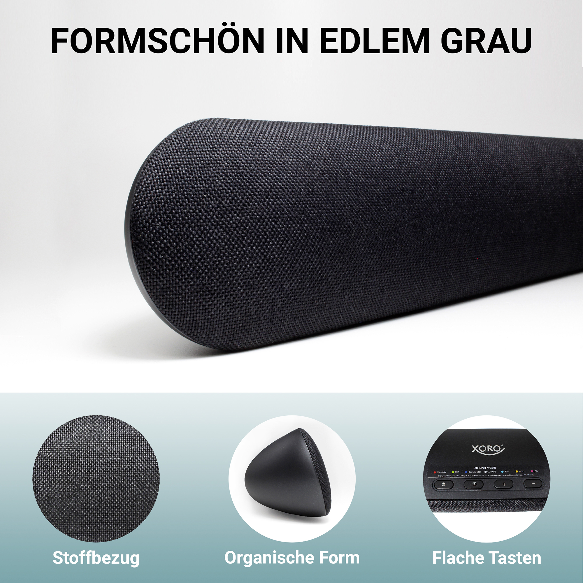 Grauer Stoffbezug, organische Form, flache Tasten und LED-Anzeige.