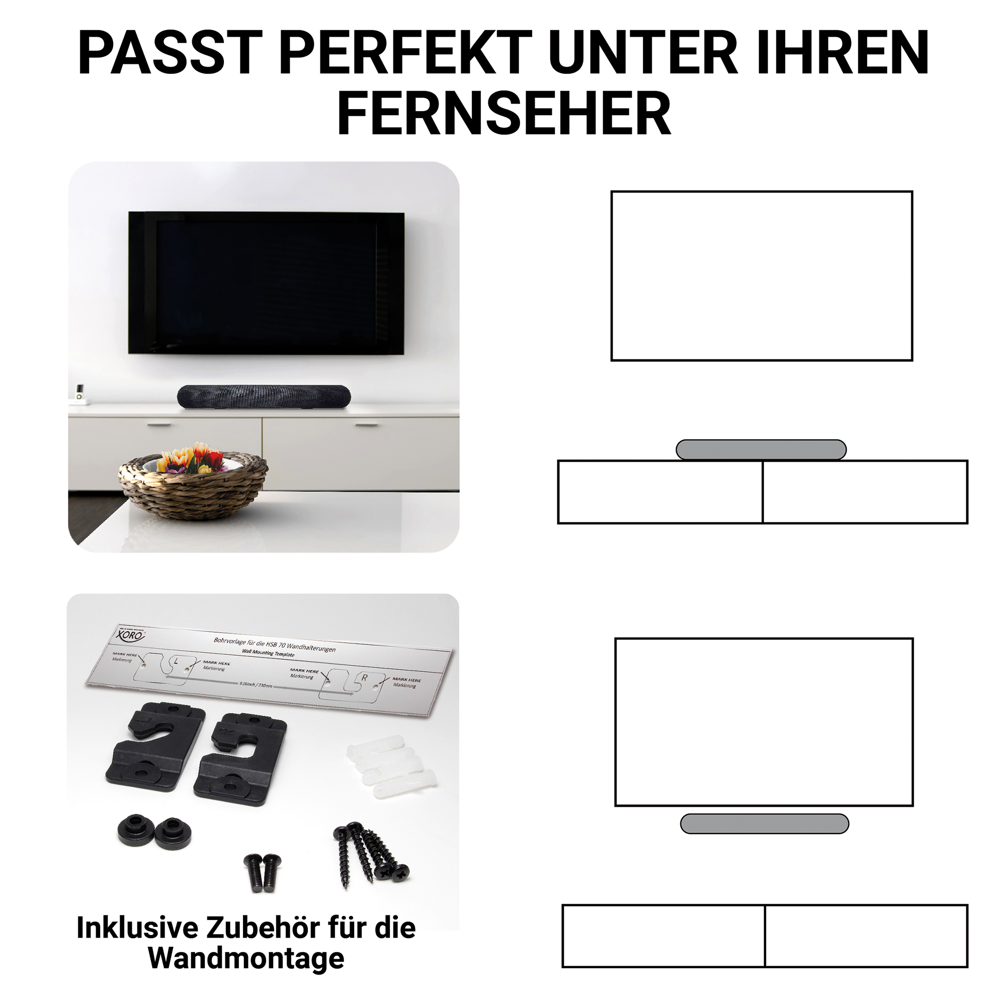 TV über einem Sideboard mit Soundbar und Zubehör für Wandmontage.
