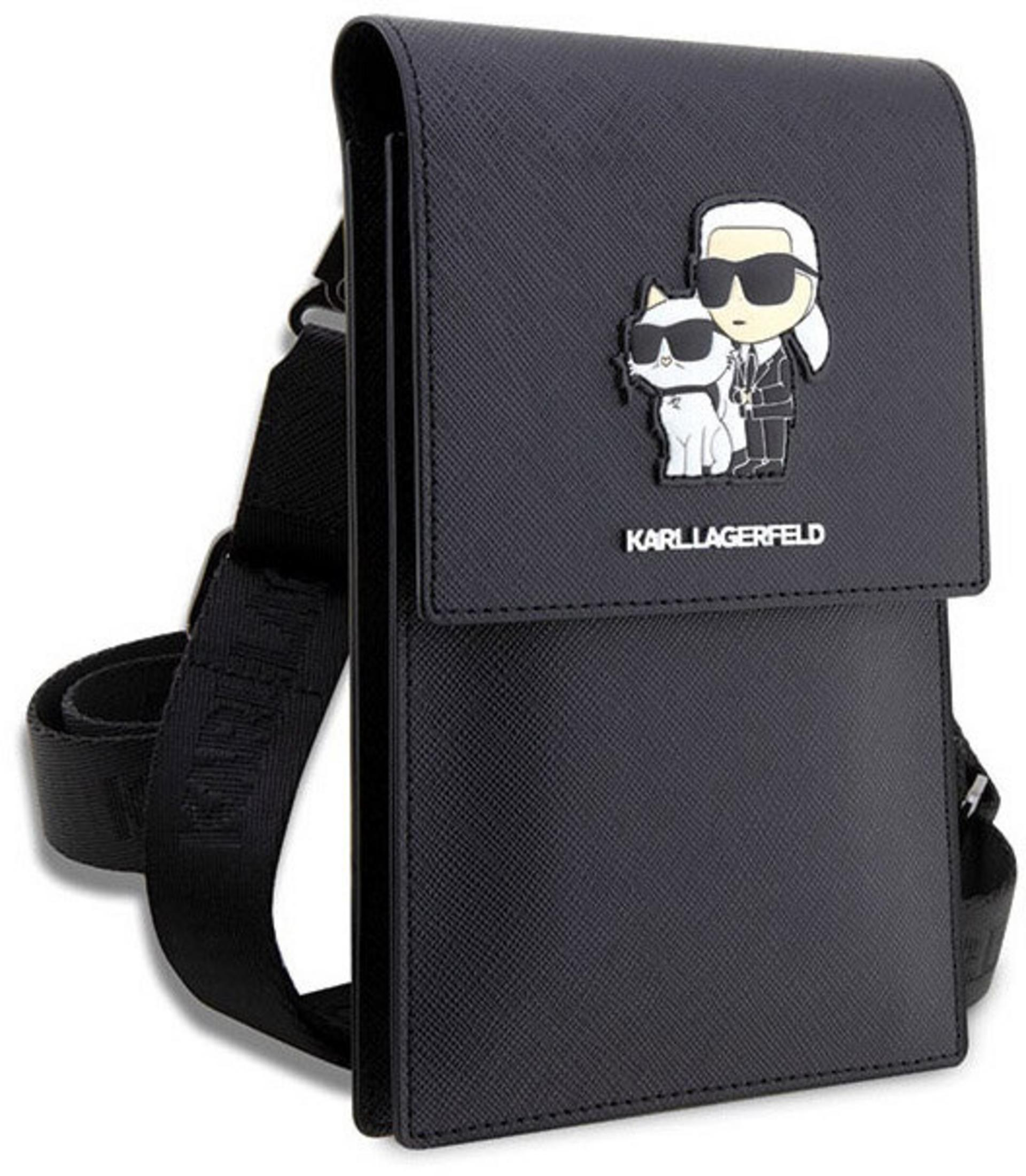 Borsa nera con patch Karl Lagerfeld e gatto e logo.