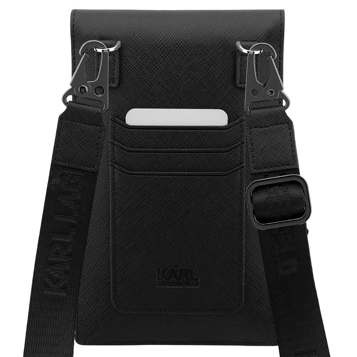 Borsa a tracolla nera con tasche per carte, logo e tracolla regolabile.