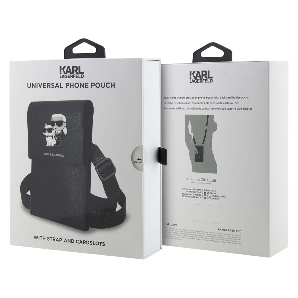 Custodia nera Karl Lagerfeld per telefono con tracolla e slot per carte. Fronte e retro della confezione.