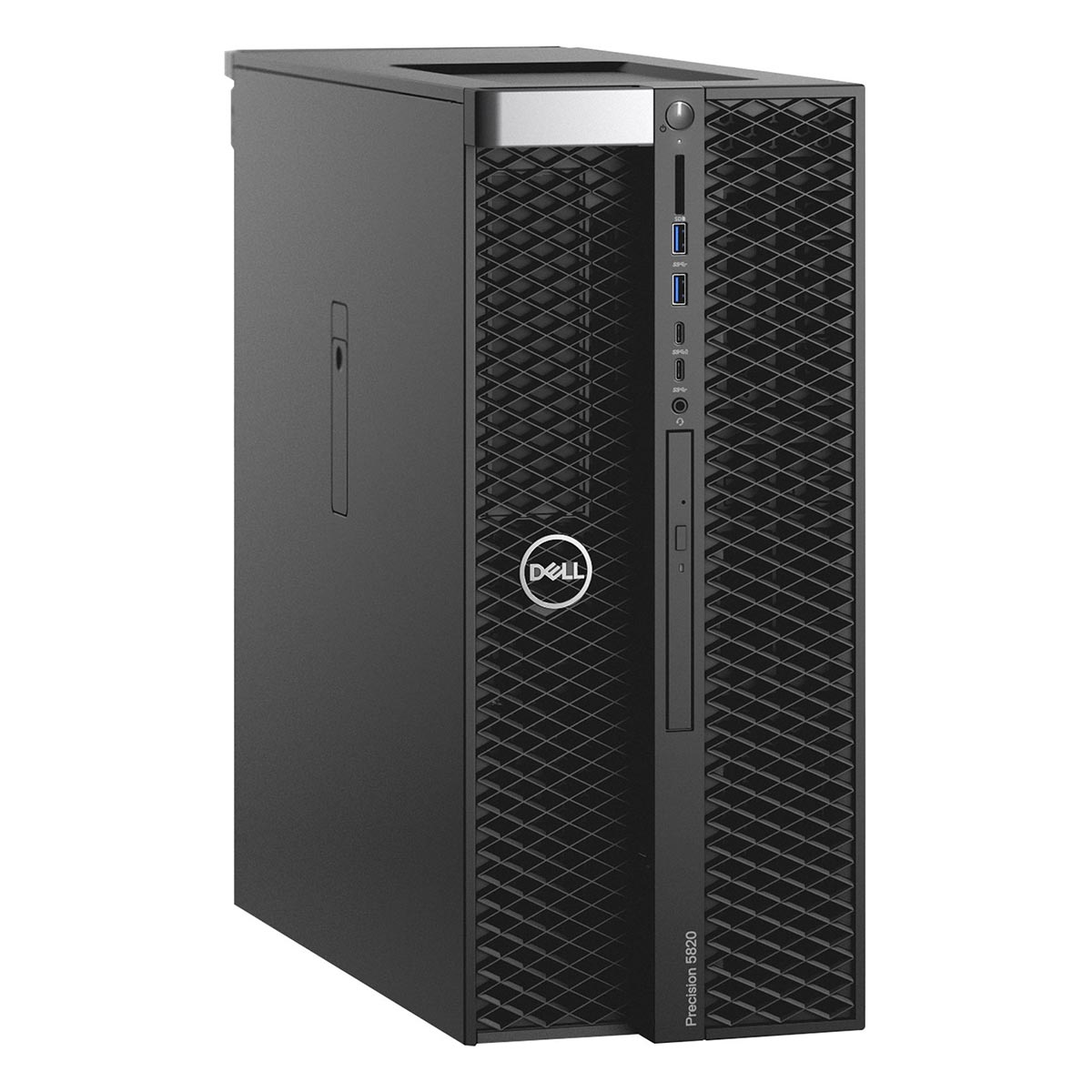 Czarny komputer stacjonarny Dell Precision 5820 z srebrnym paskiem i logo Dell.