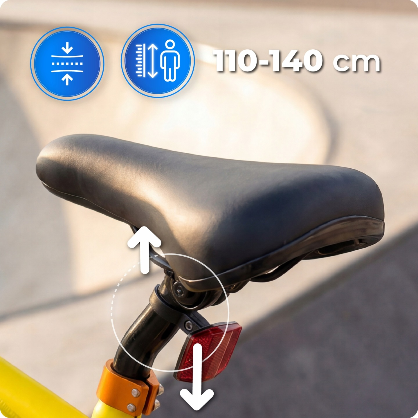 Wysokość siodełka roweru 110-140 cm. Ikony pokazują kompresję i regulację wysokości.