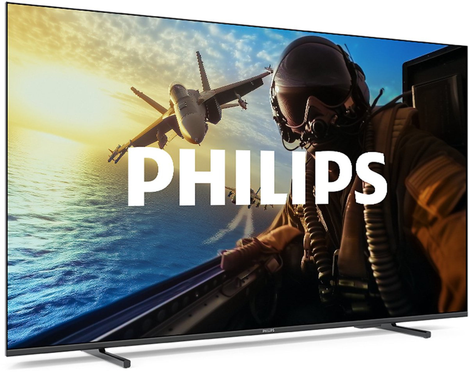 Pilot w kokpicie z myśliwcem nad oceanem, logo Philips na ekranie.