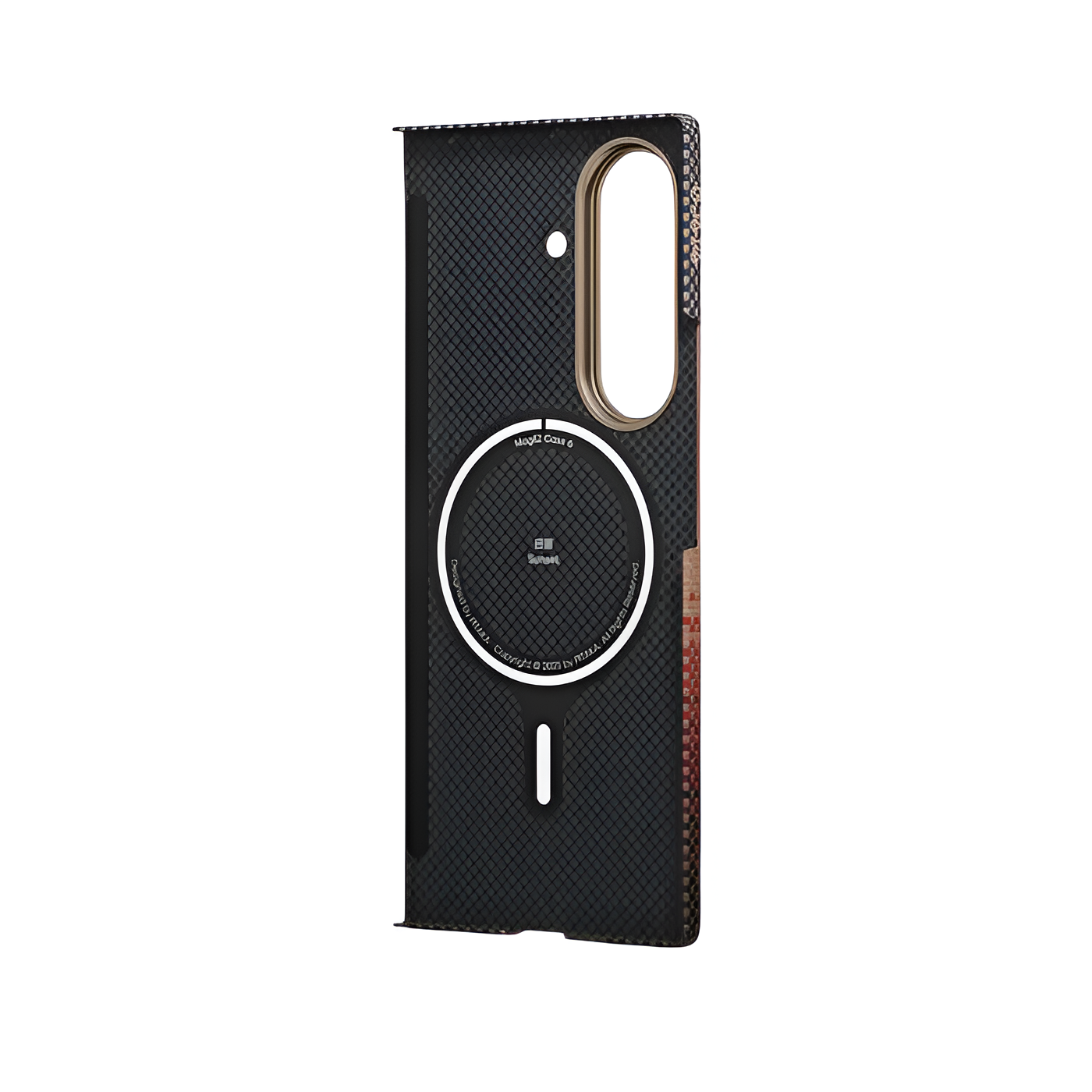 Czarne etui na telefon ze wzorem i okrągłym wycięciem MagSafe.