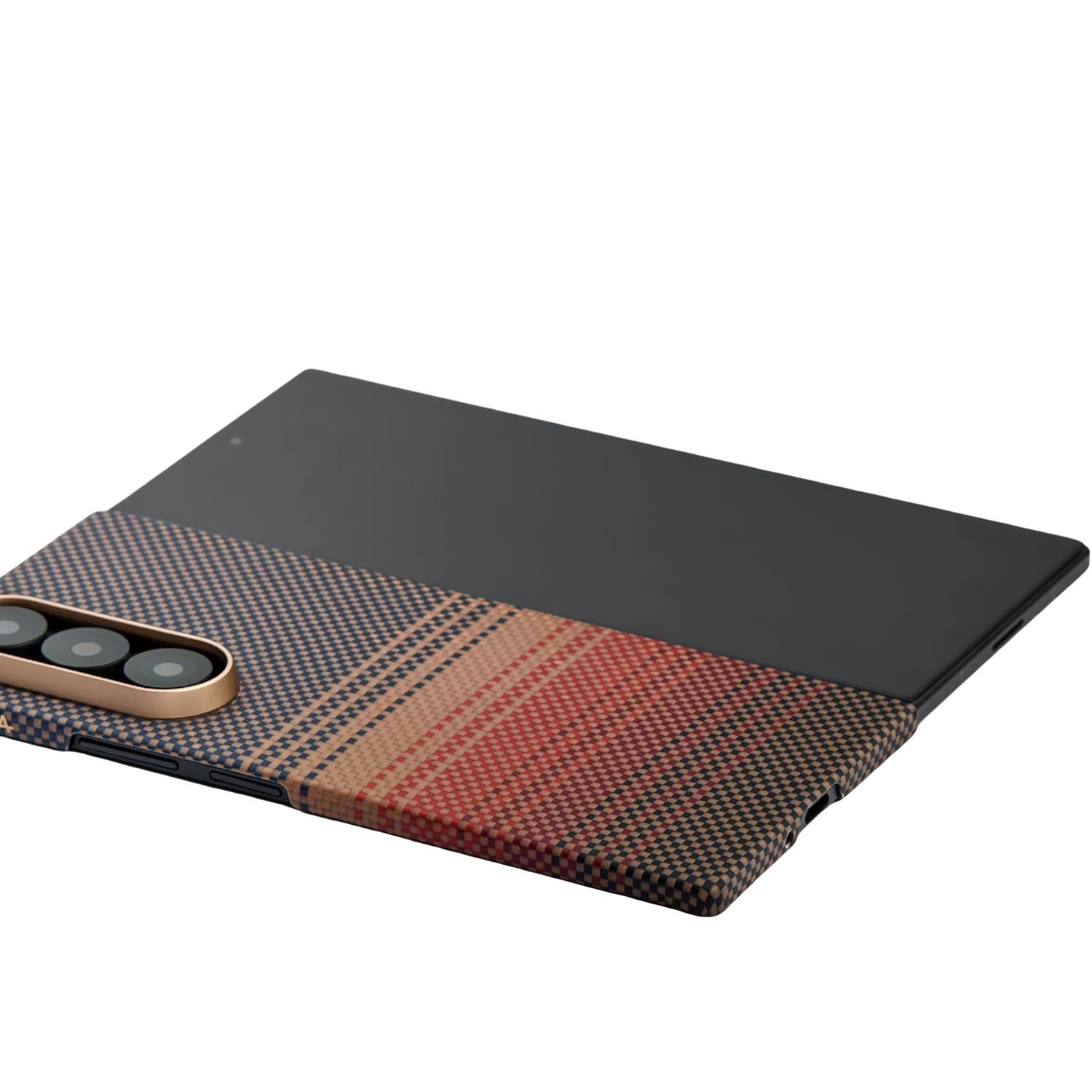 Smartfon w kratkowanym etui w kolorze niebieskim, beżowym i czerwonym, z trzema obiektywami.