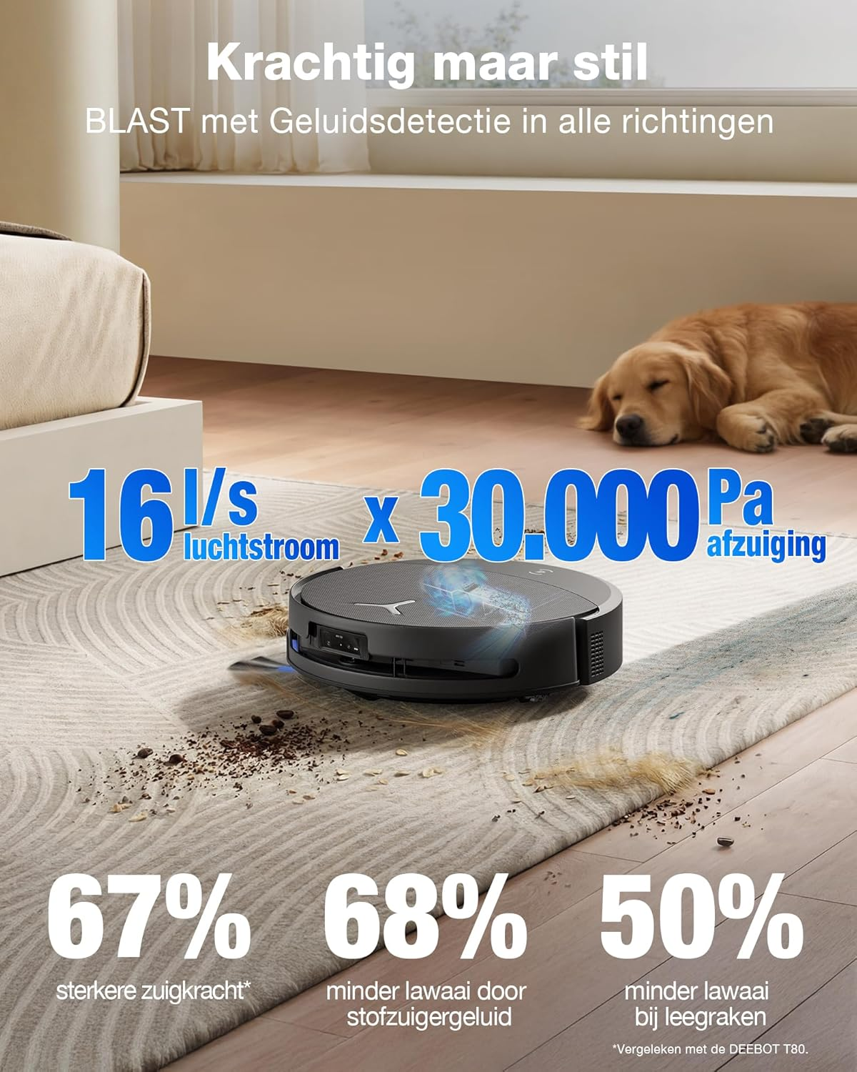 Un aspirateur robot nettoie un tapis pendant qu'un chien dort.