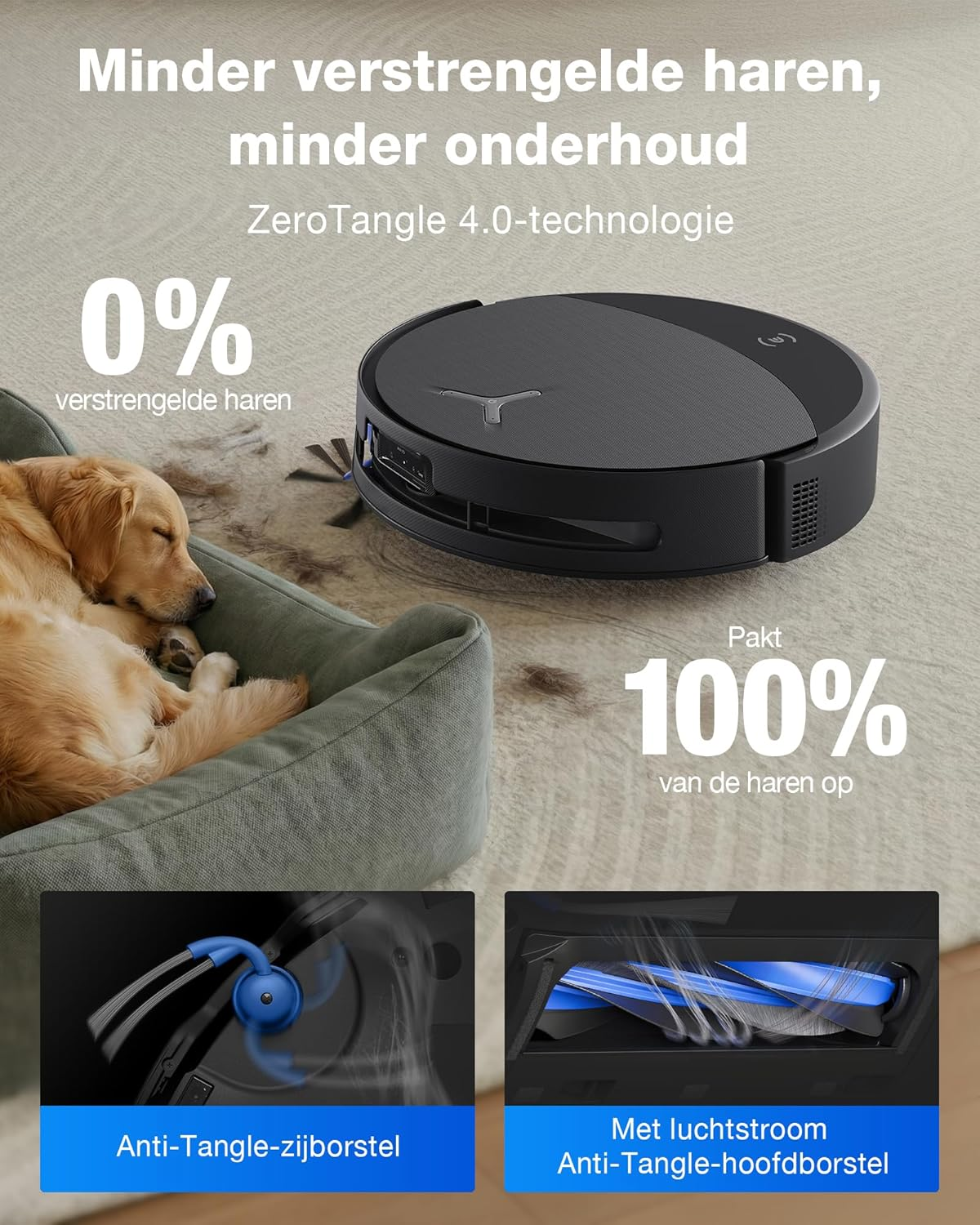 Un robot aspirateur nettoie à côté d'un chien endormi. Gros plans sur les brosses.