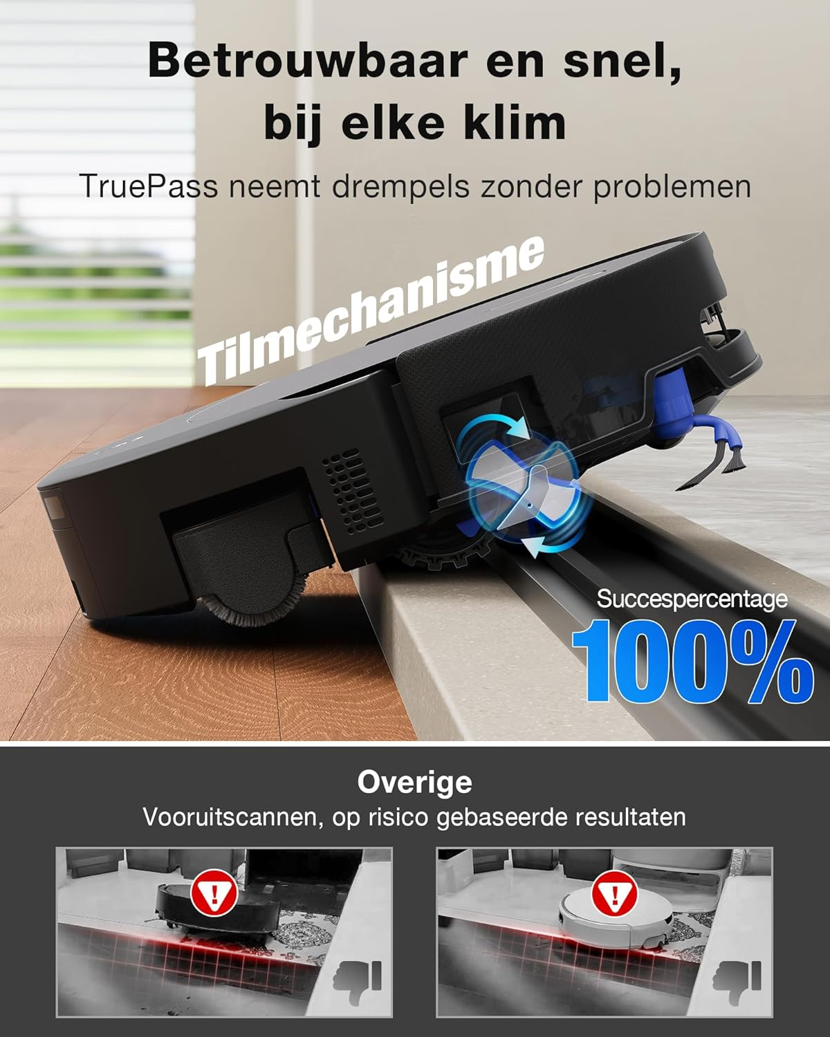Un aspirateur robot noir franchit un seuil grâce à son mécanisme de levage.