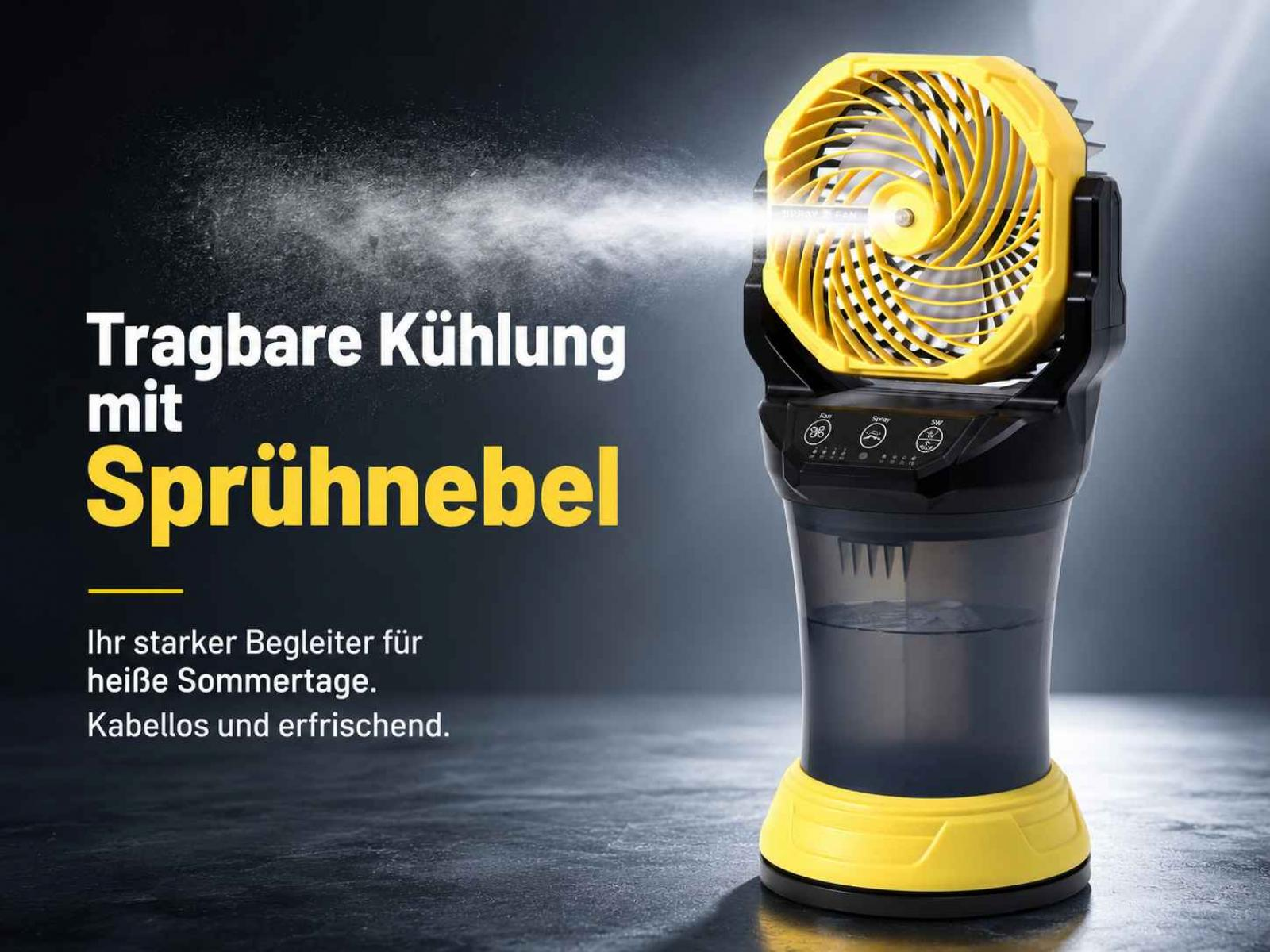 Tragbarer Kühler mit Sprühnebel und gelbem Lüfter.