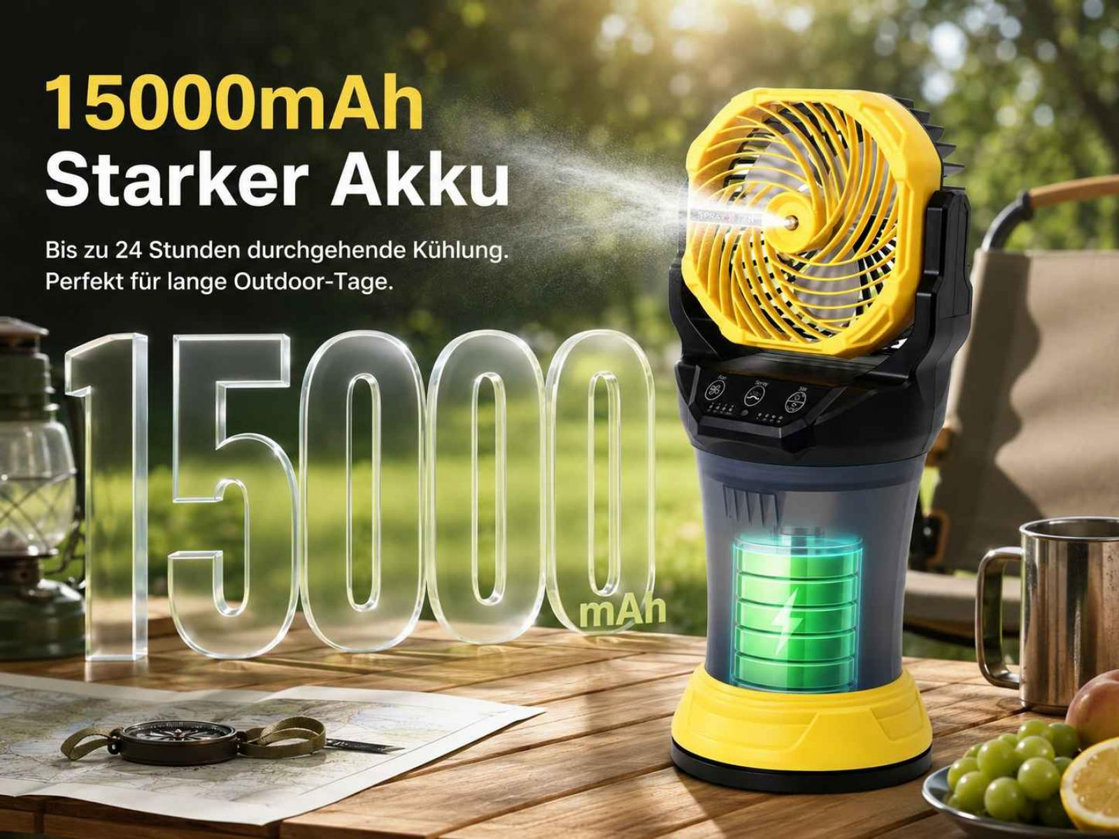 Tragbarer Ventilator mit 15000mAh Akku sprüht Wasser für Kühlung im Freien.