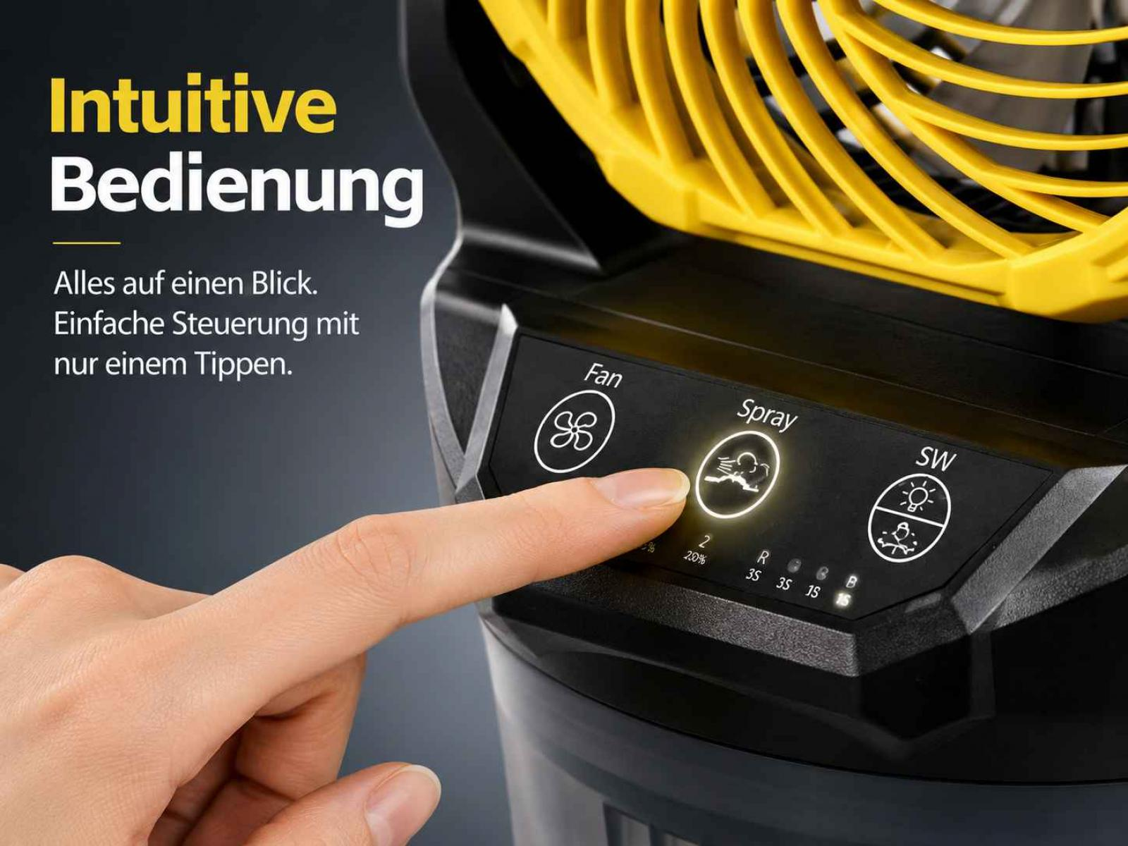 Ein Finger drückt auf die Sprüh-Taste eines Lüfters mit gelben Lamellen.