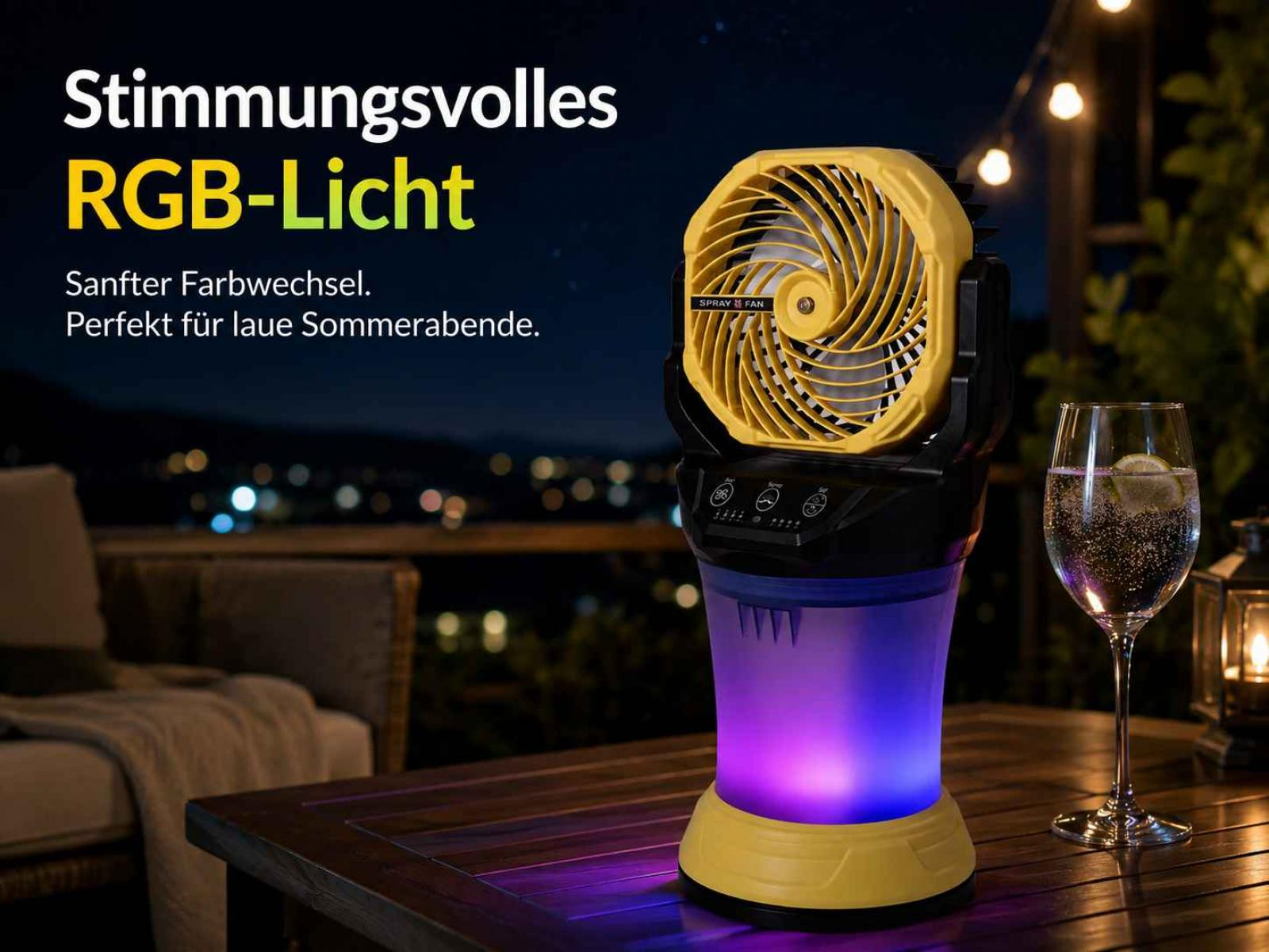 Ein gelber Sprühventilator mit RGB-Licht steht auf einem Holztisch.