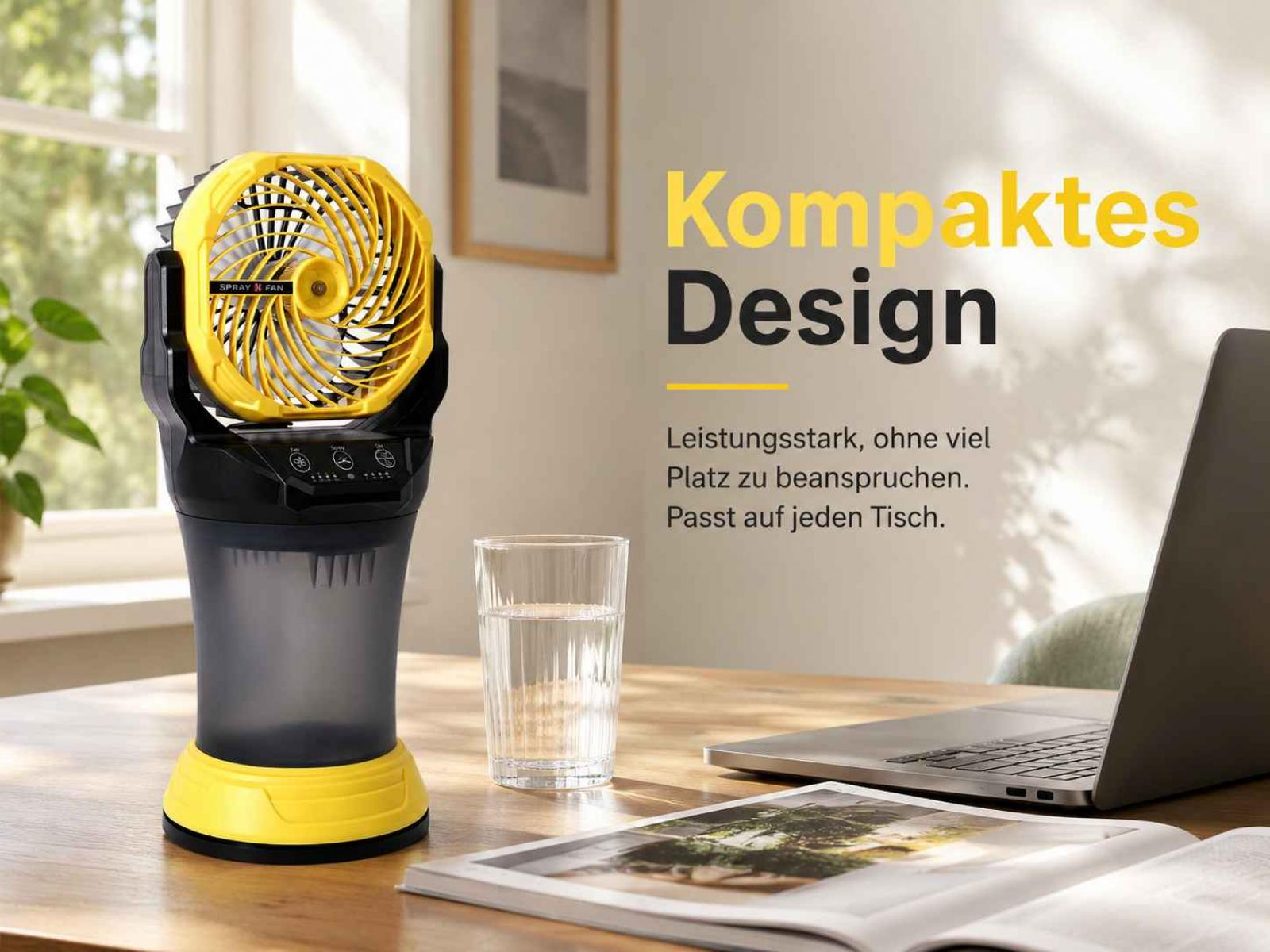 Ein gelber Sprühventilator steht auf einem Holztisch neben einem Glas Wasser und einem Laptop.